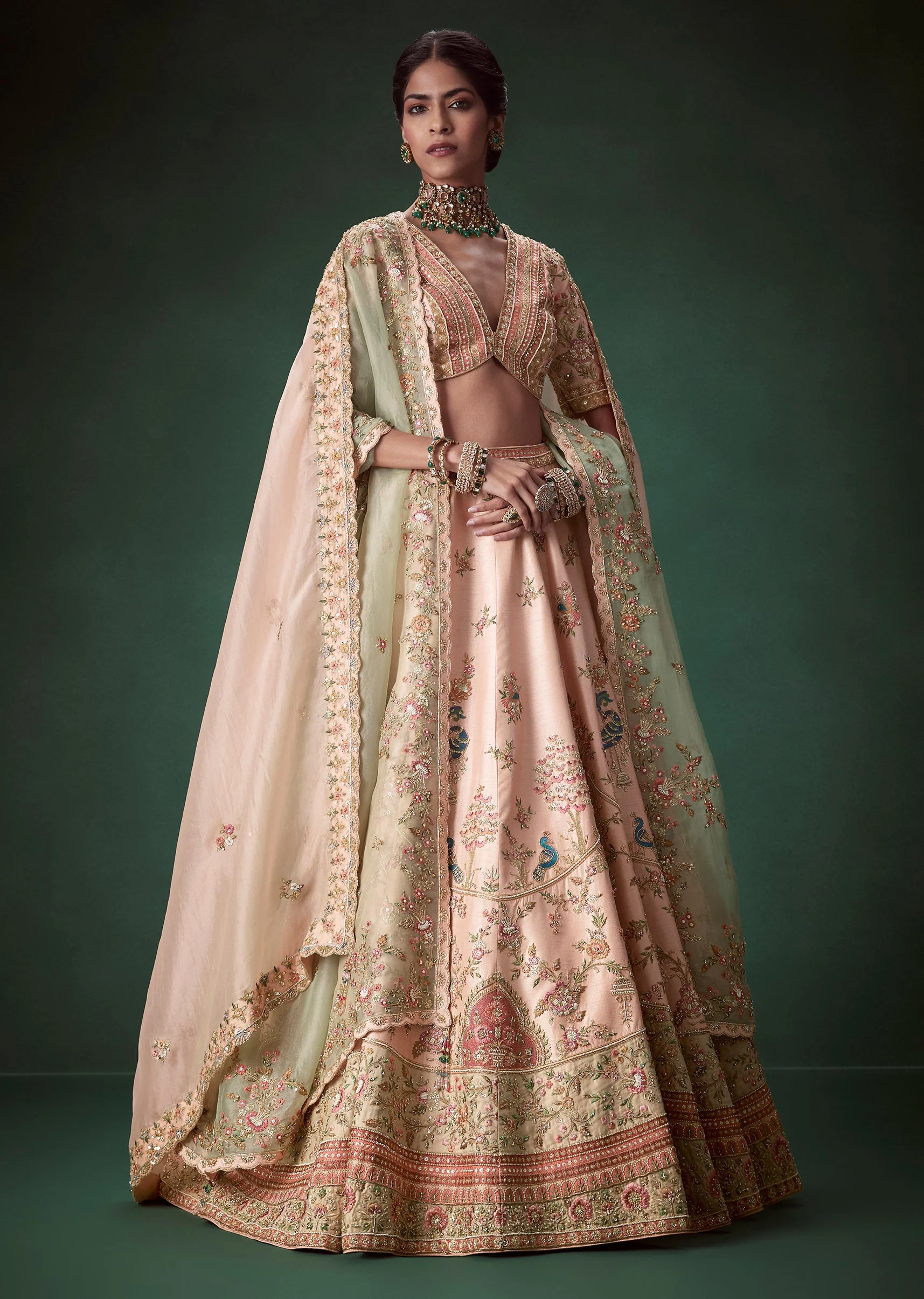 Peach Moti Embellished Bridal Lehenga Set - Image 4