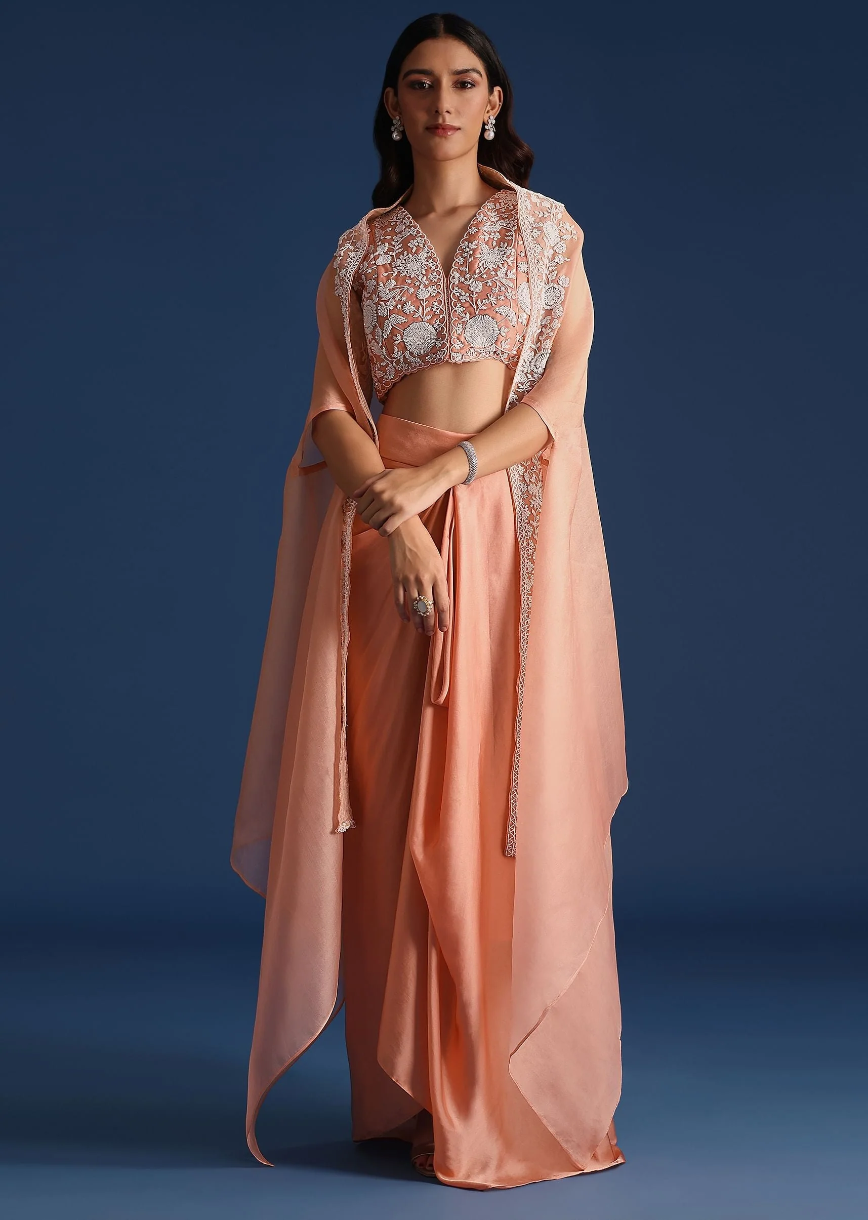 Peach Moti Work Jacket With Skirt And Crop Top - Image 3