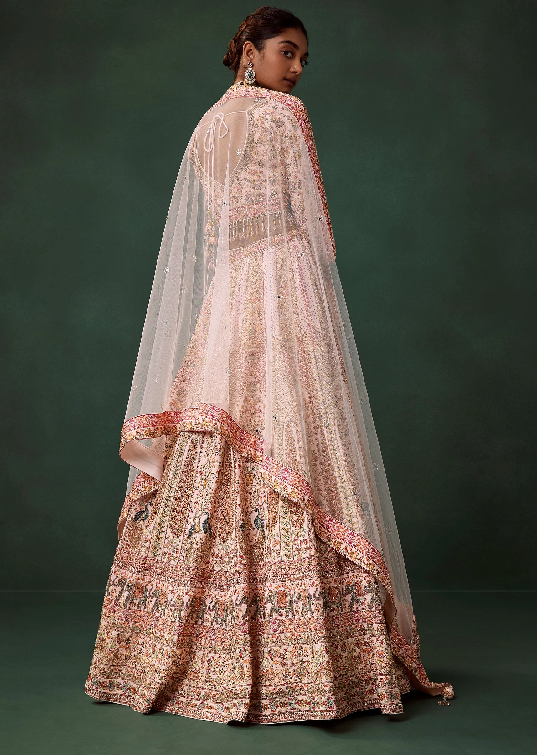 Peach Multi Bird Motif Printed Kali Bridal Lehenga Set with Heavy Embroidery - Image 2