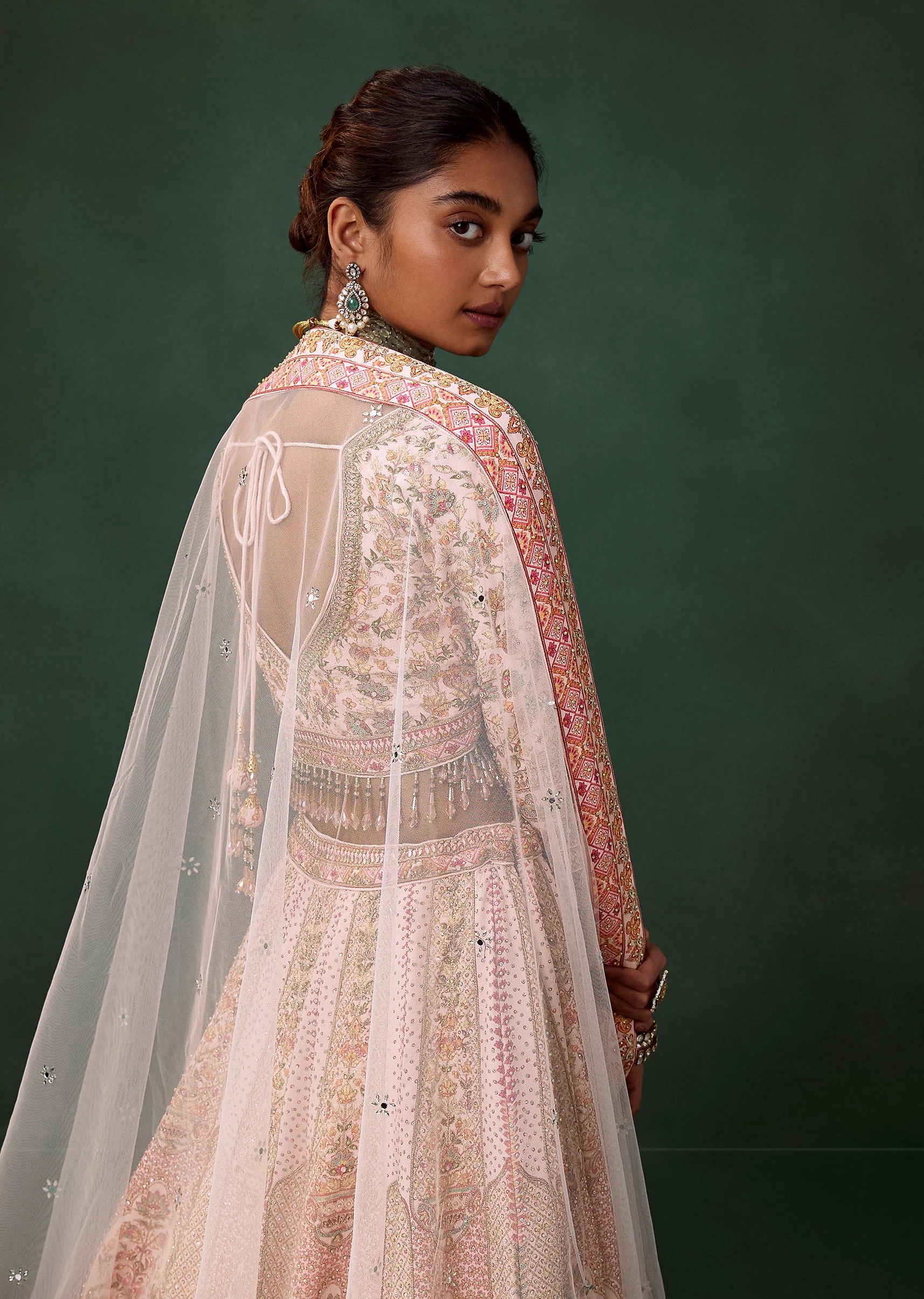 Peach Multi Bird Motif Printed Kali Bridal Lehenga Set with Heavy Embroidery - Image 6