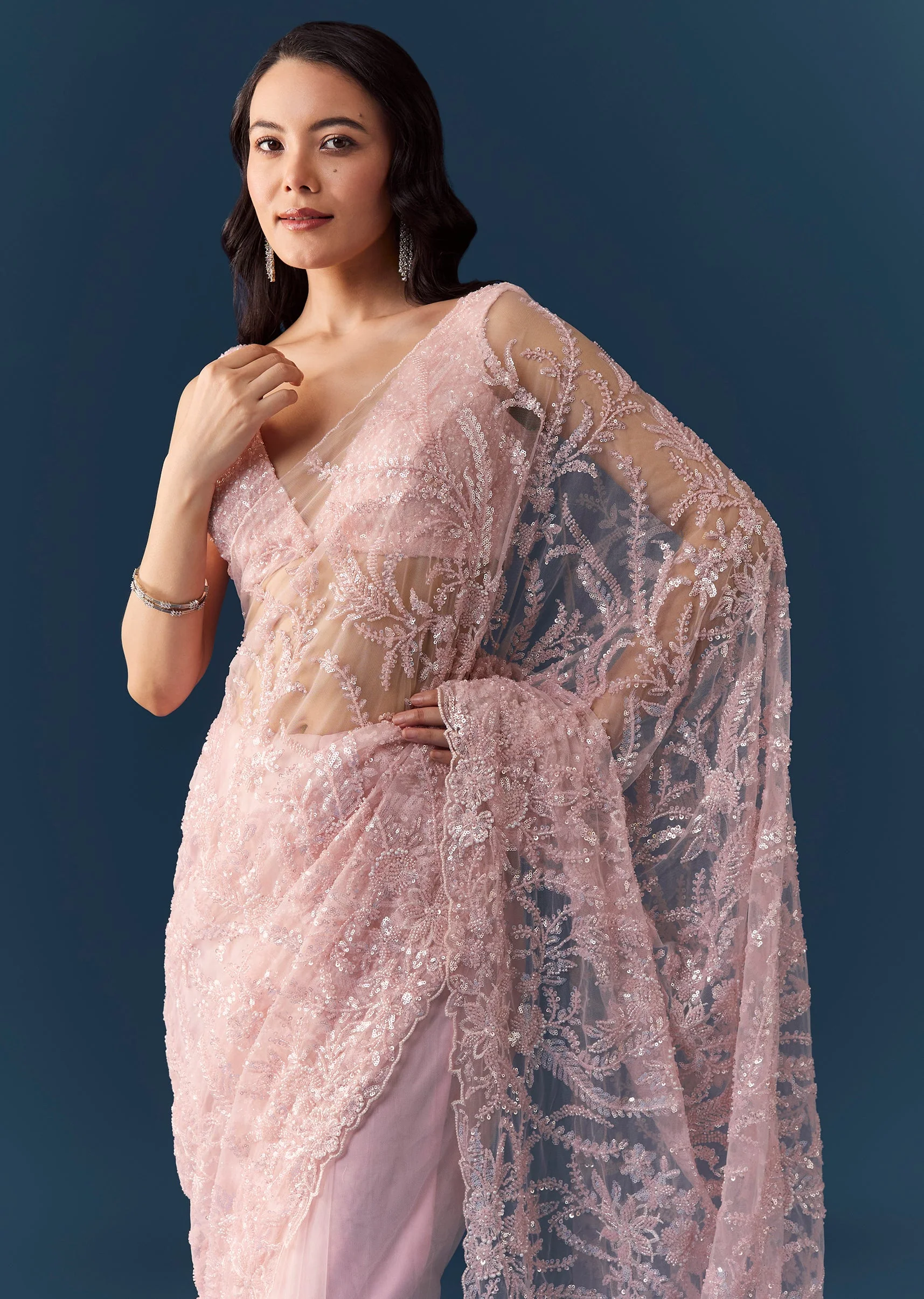 Peach Net Floral Jaal Cutwork Saree with Unstitched Blouse - Image 6