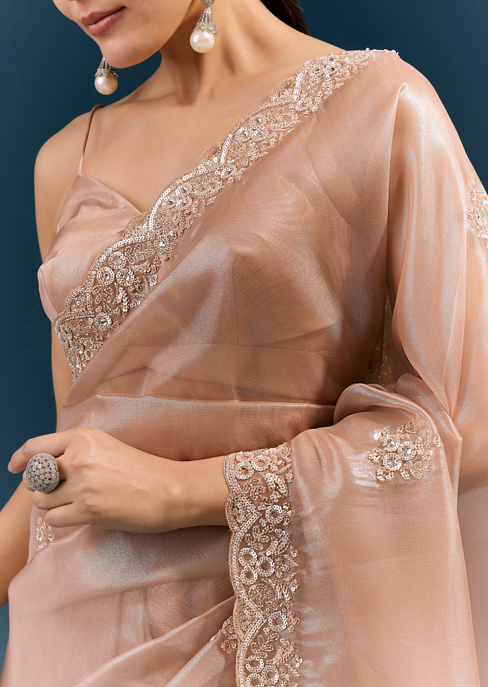 Peach Net Saree With Scalloped Cutda And Sequin Embroidered Border - Image 2