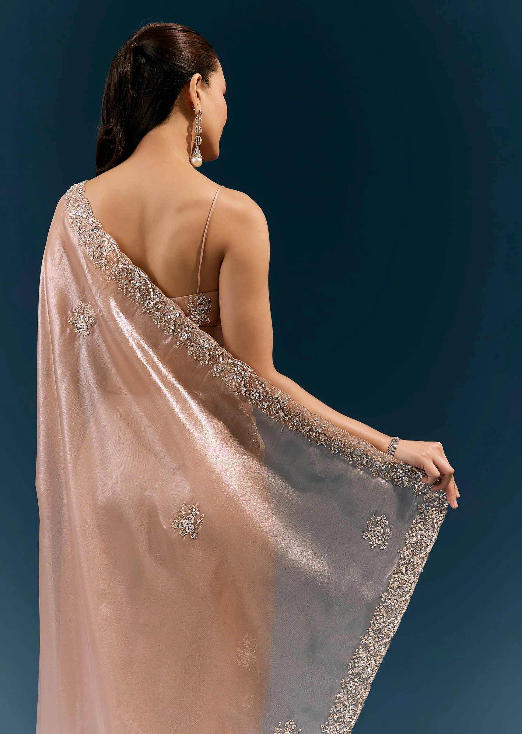 Peach Net Saree With Scalloped Cutda And Sequin Embroidered Border - Image 6