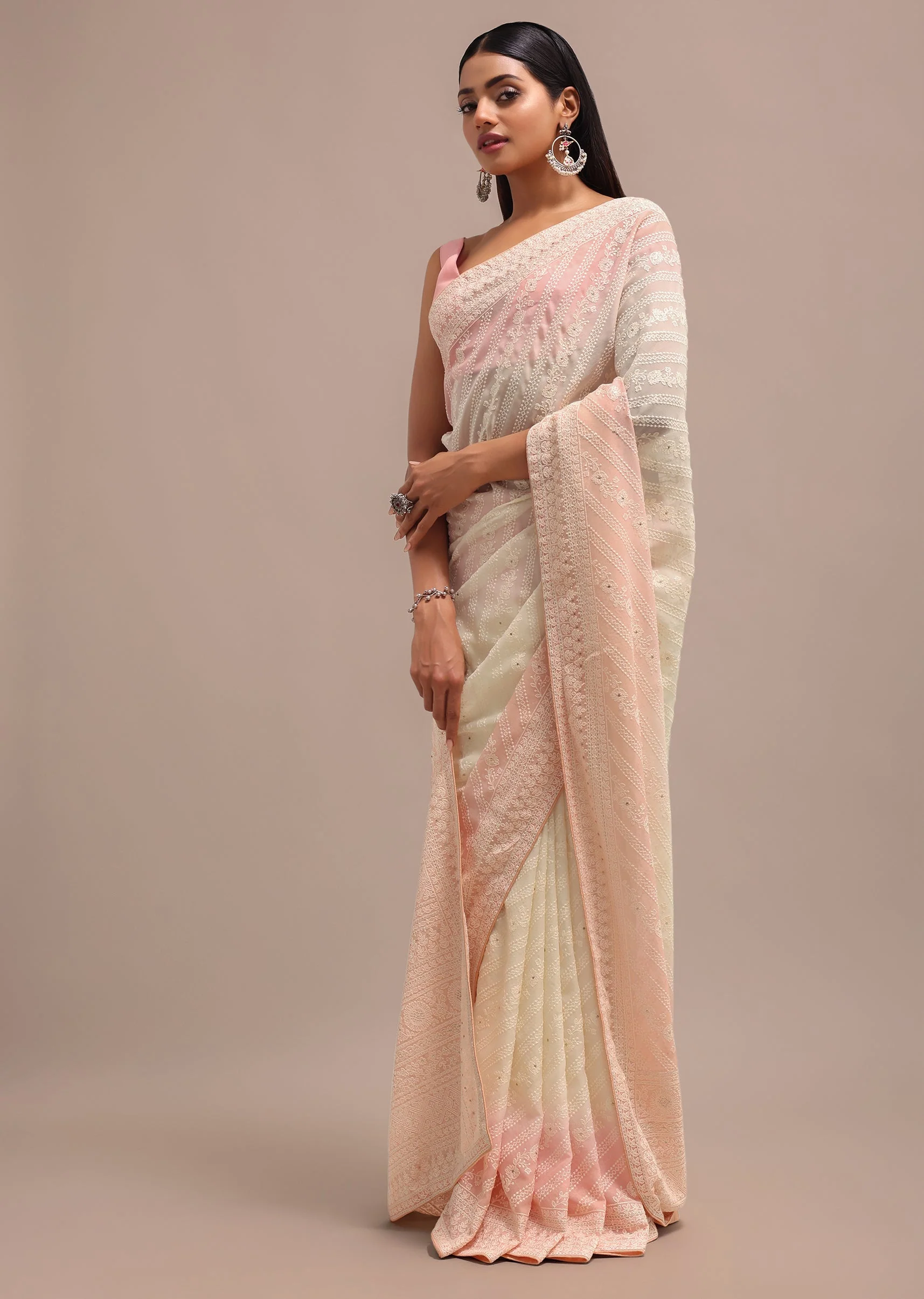 Peach Ombre Chikankari Saree With Unstitched Blouse - Image 2