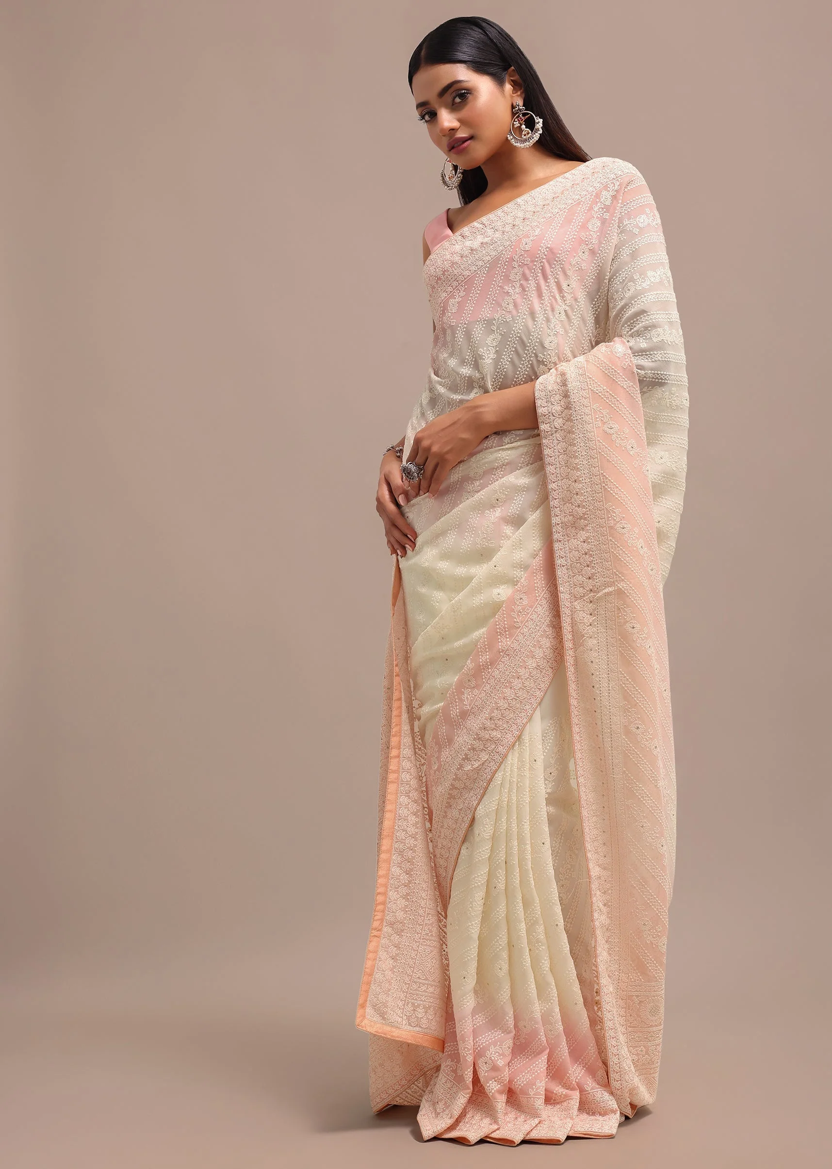 Peach Ombre Chikankari Saree With Unstitched Blouse - Image 5
