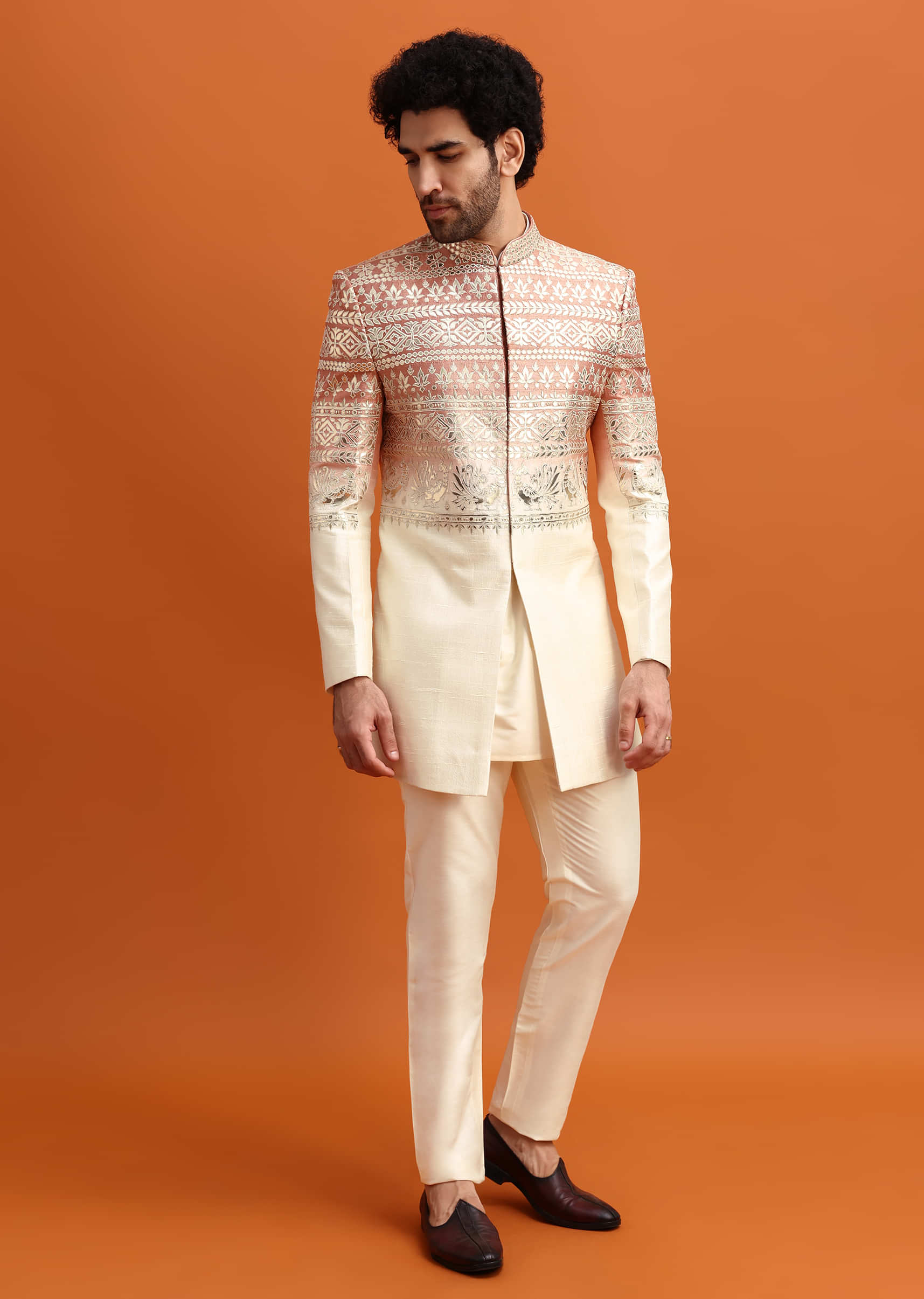 Peach Ombre Indowestern Set With Foil Work For Men - Image 2
