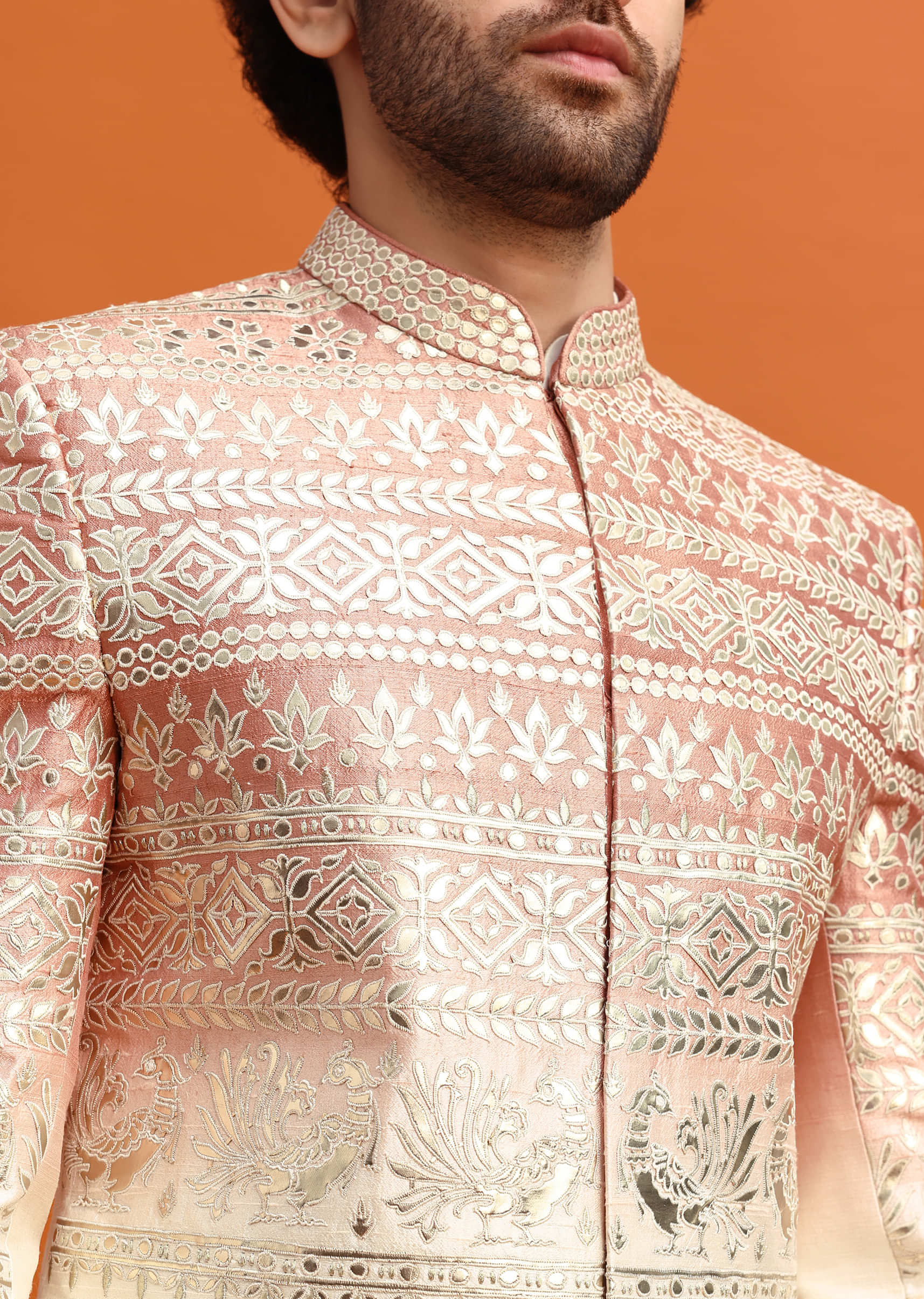 Peach Ombre Indowestern Set With Foil Work For Men - Image 3