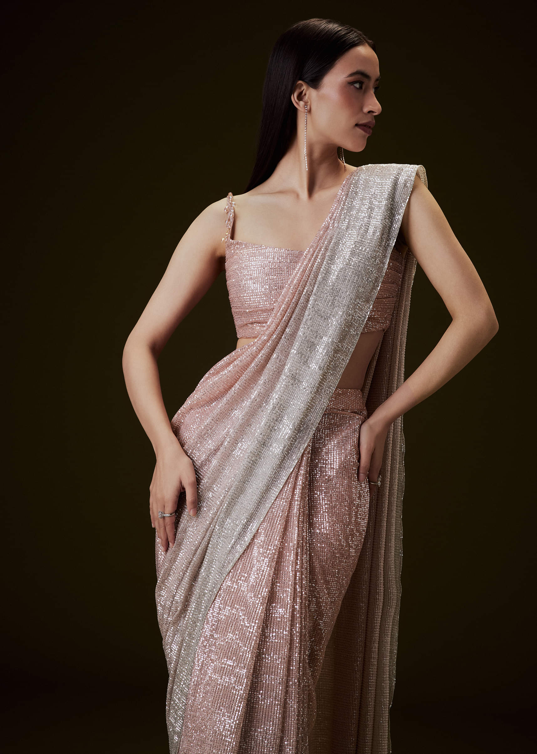 Peach Ombre Pre Drape Saree With Off Shoulder Boat Neck Blouse