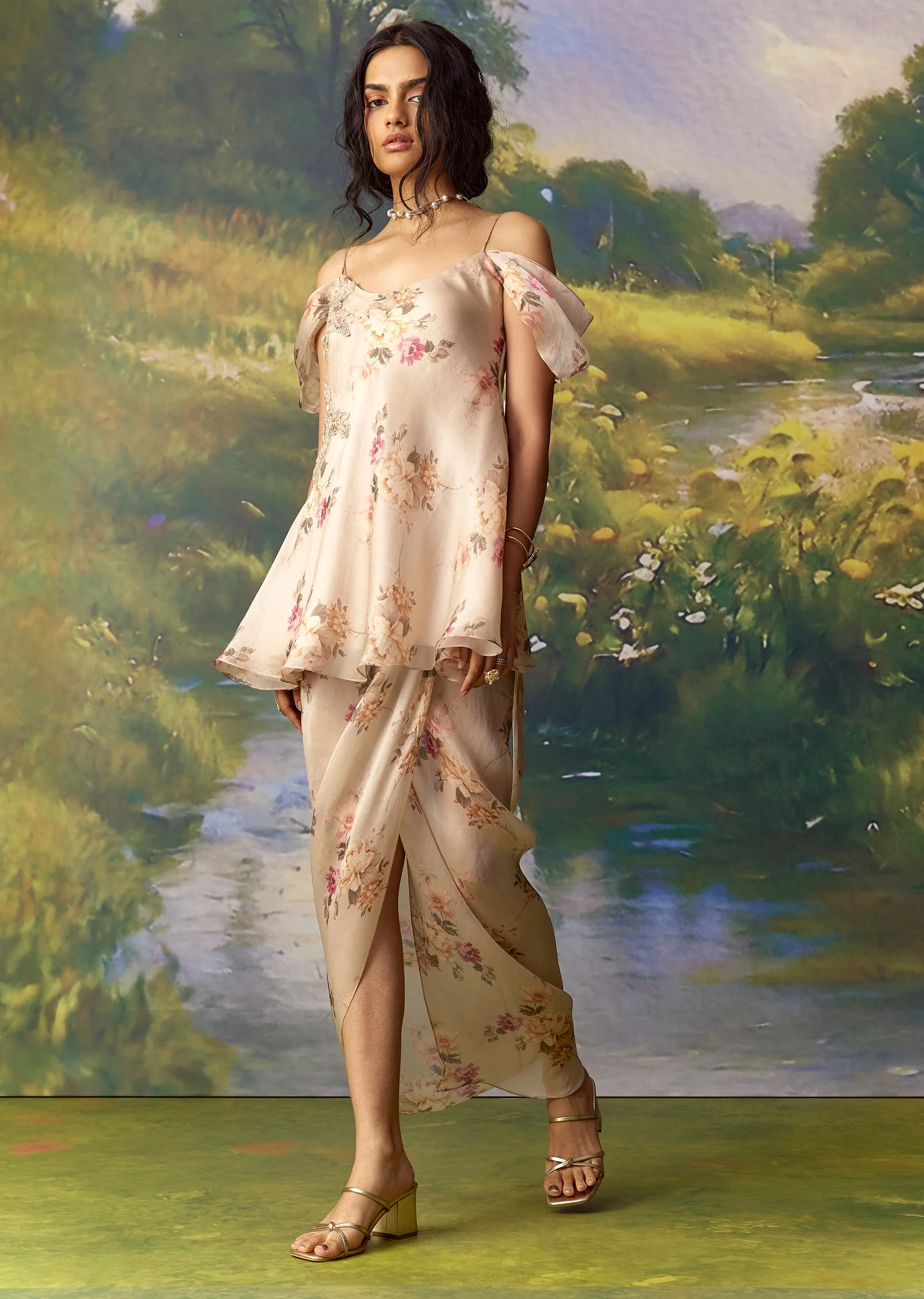 Peach Organza Applique Top and Skirt Set - Image 4