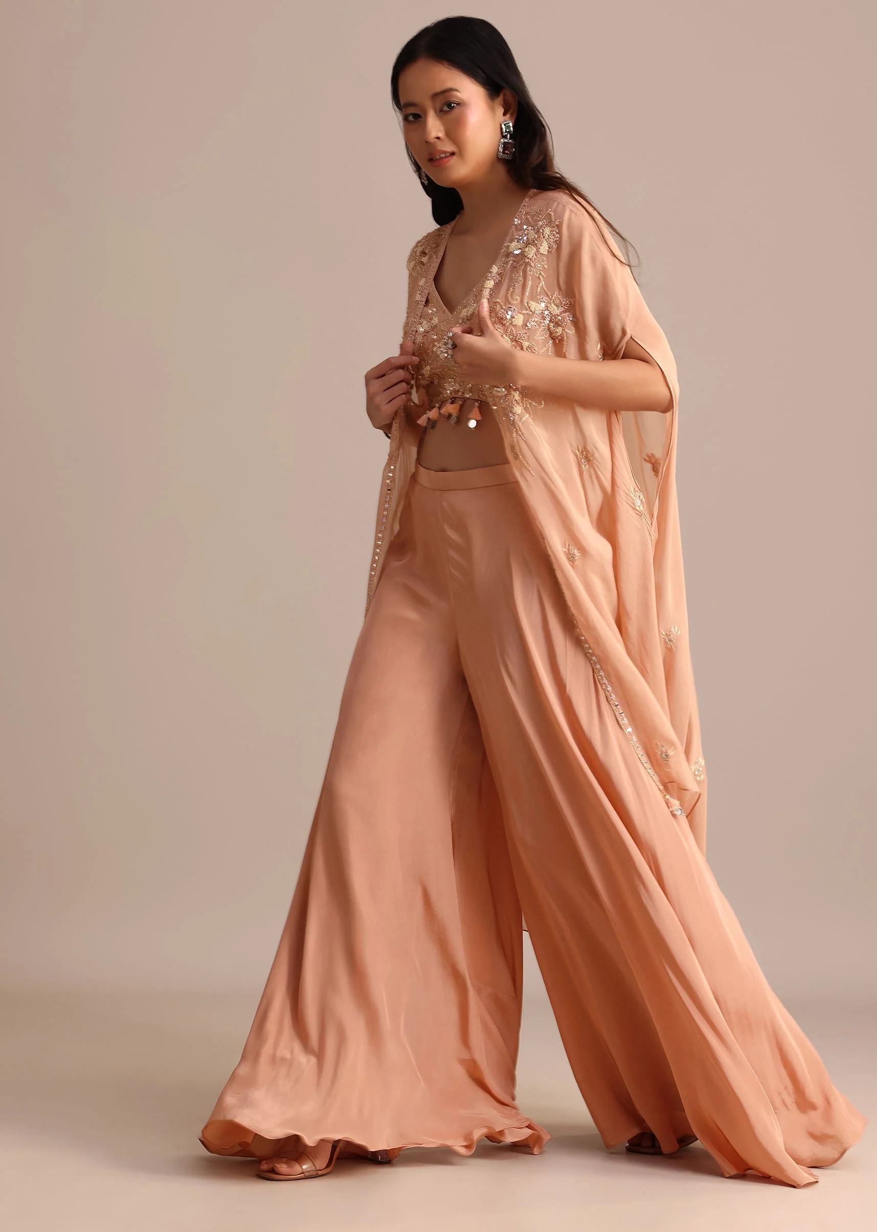 Peach Organza Crop Top Suit With Embroidered Jacket - Image 2