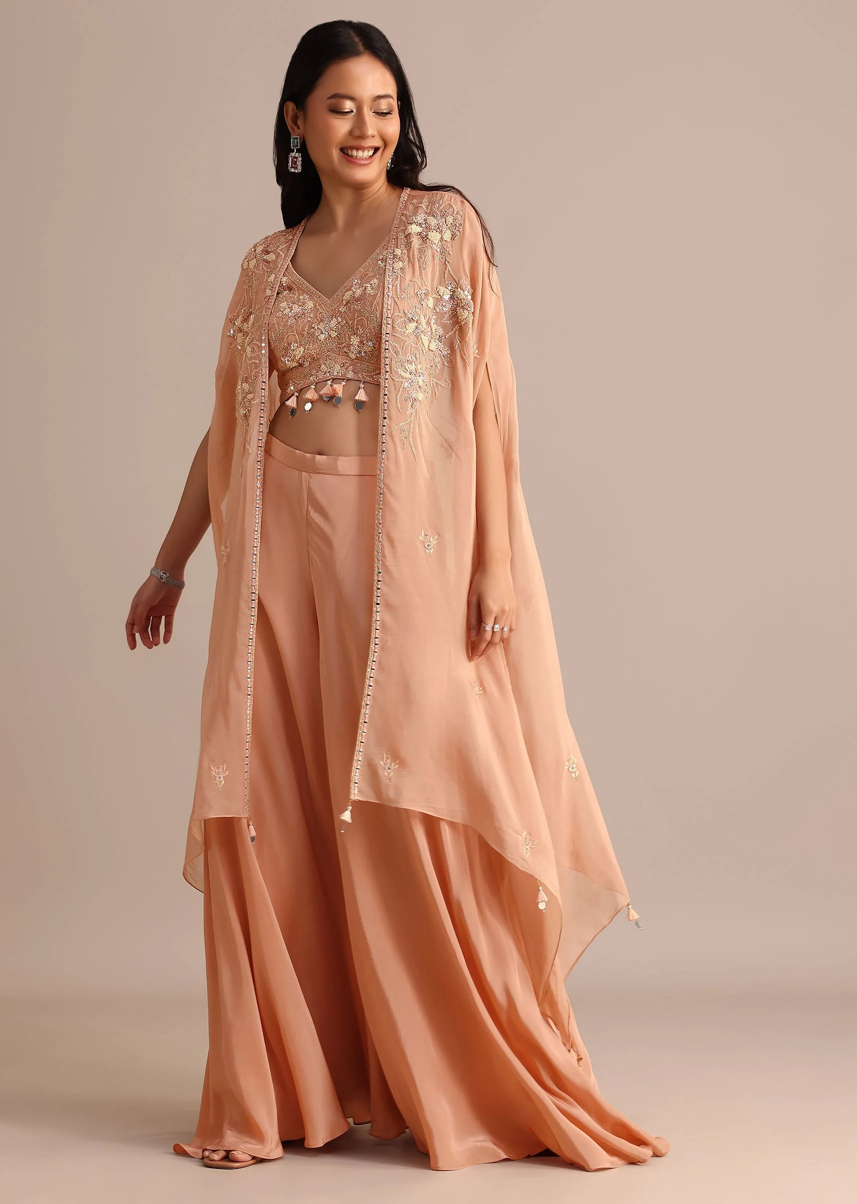 Peach Organza Crop Top Suit With Embroidered Jacket - Image 4