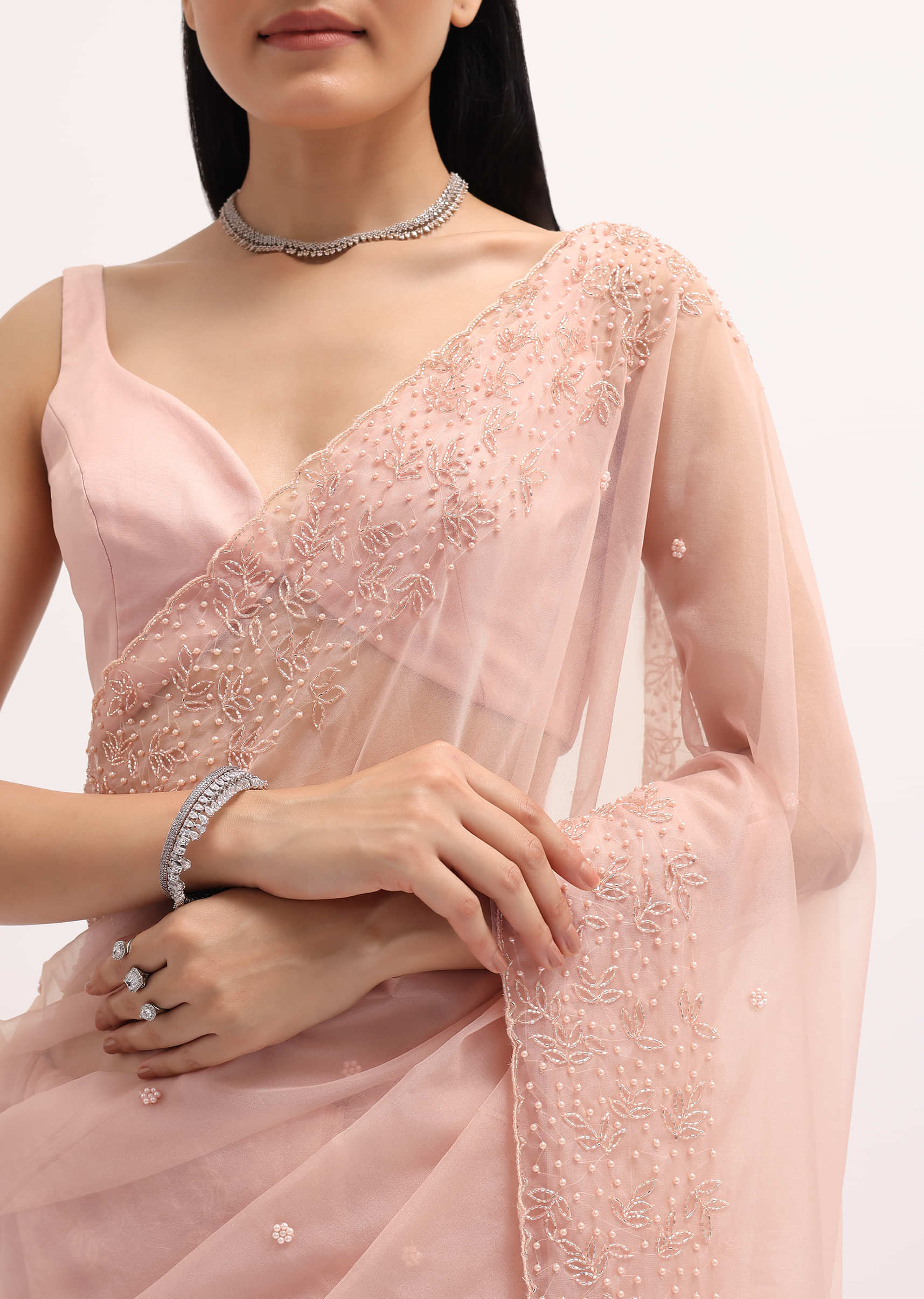 Peach Organza Embroidered Saree With Unstitched Blouse - Image 3