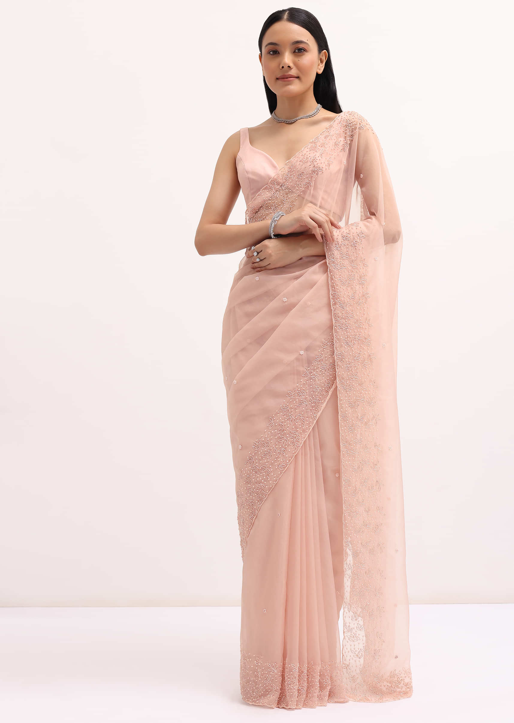 Peach Organza Embroidered Saree With Unstitched Blouse - Image 5