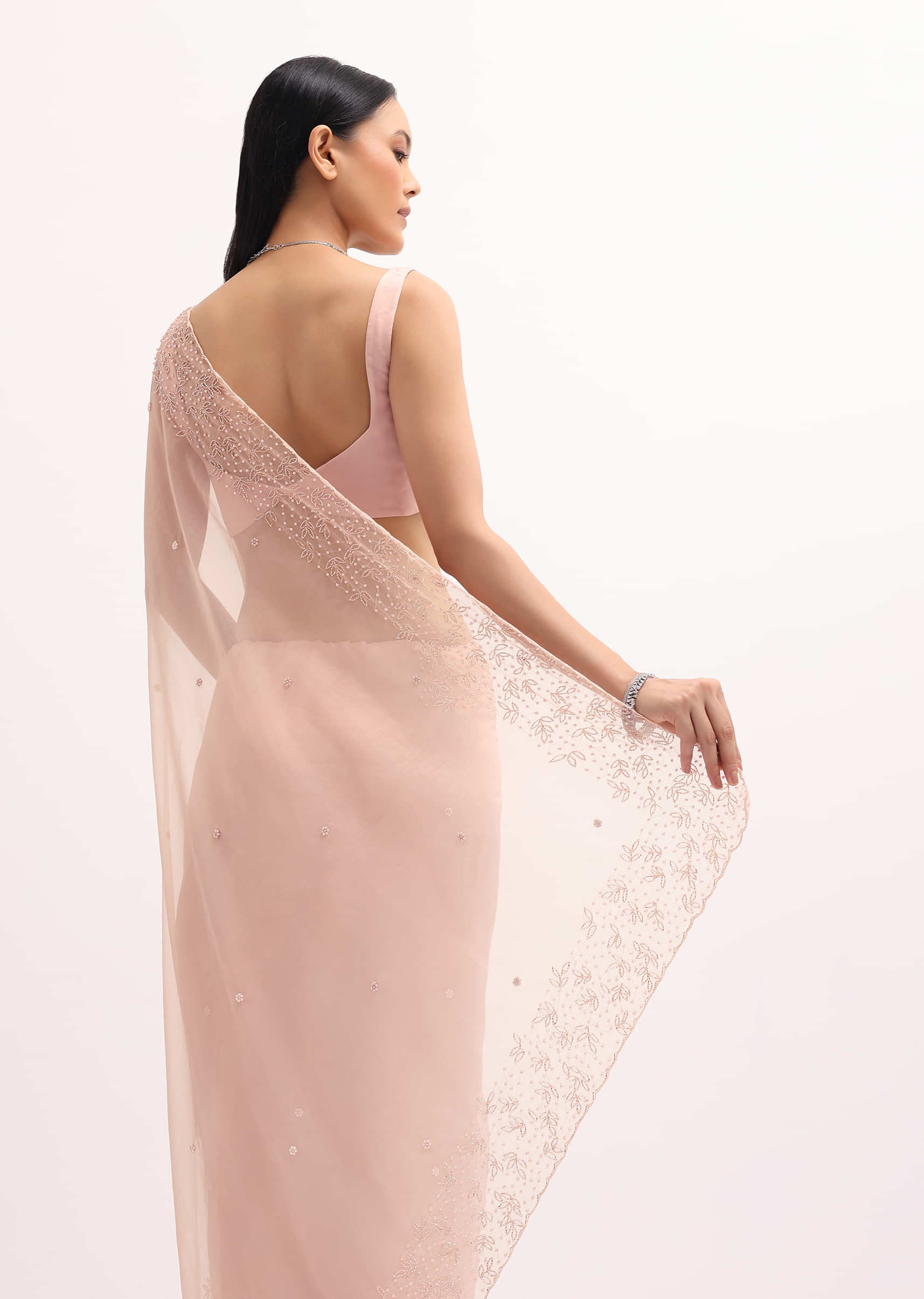 Peach Organza Embroidered Saree With Unstitched Blouse - Image 6