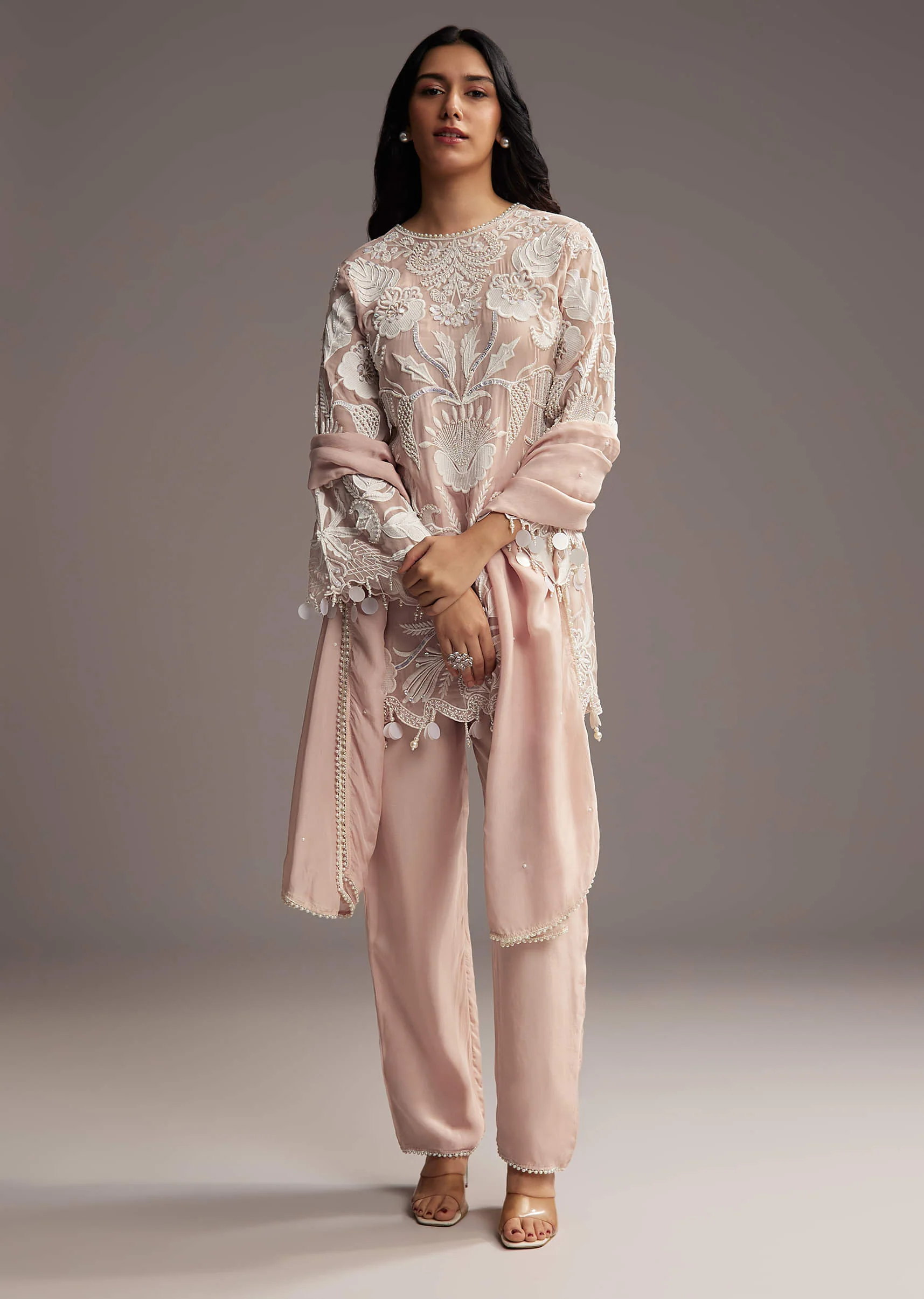 Peach Organza Kurta Set With Thread And Moti Work - Image 2