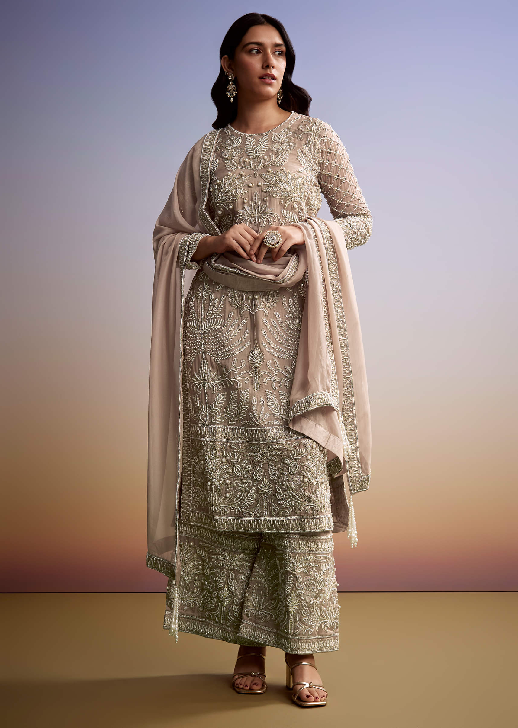 Peach Organza Palazzo Suit With Zari And Moti Work - Image 3