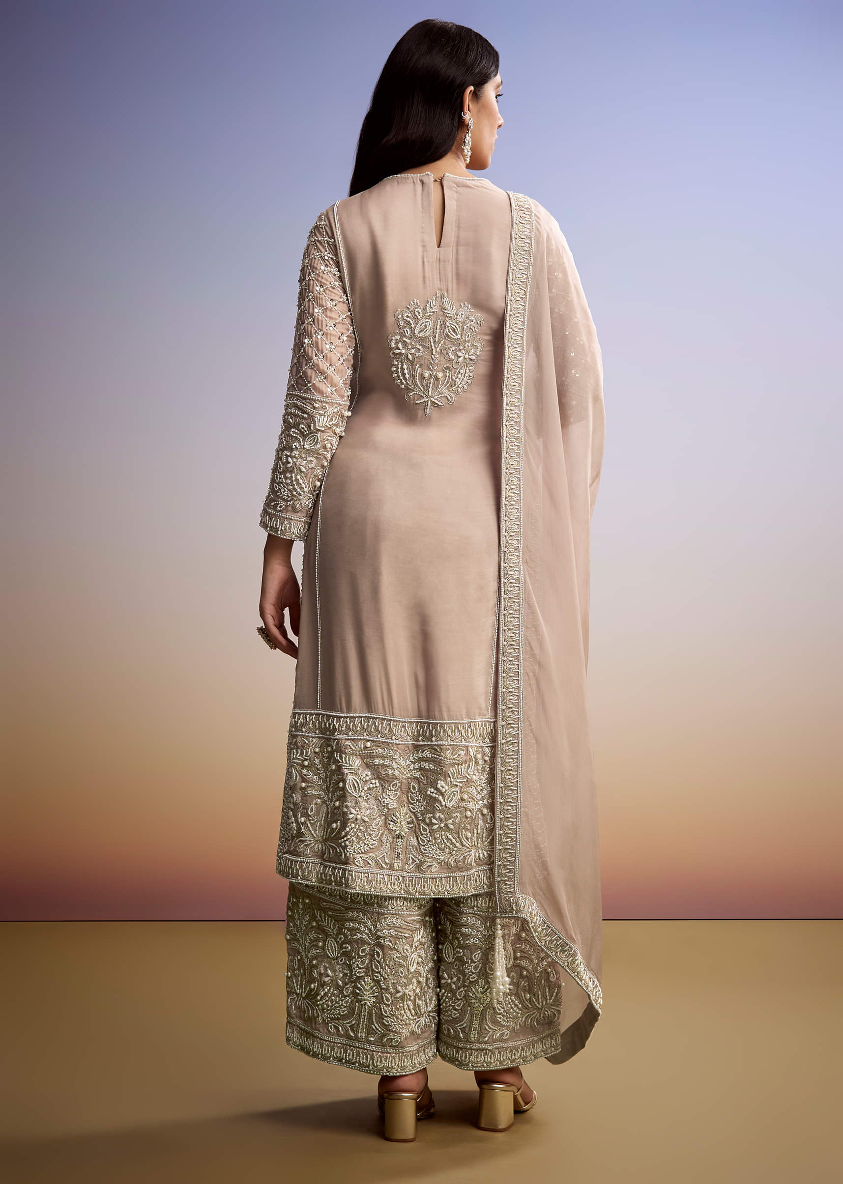 Peach Organza Palazzo Suit With Zari And Moti Work - Image 5