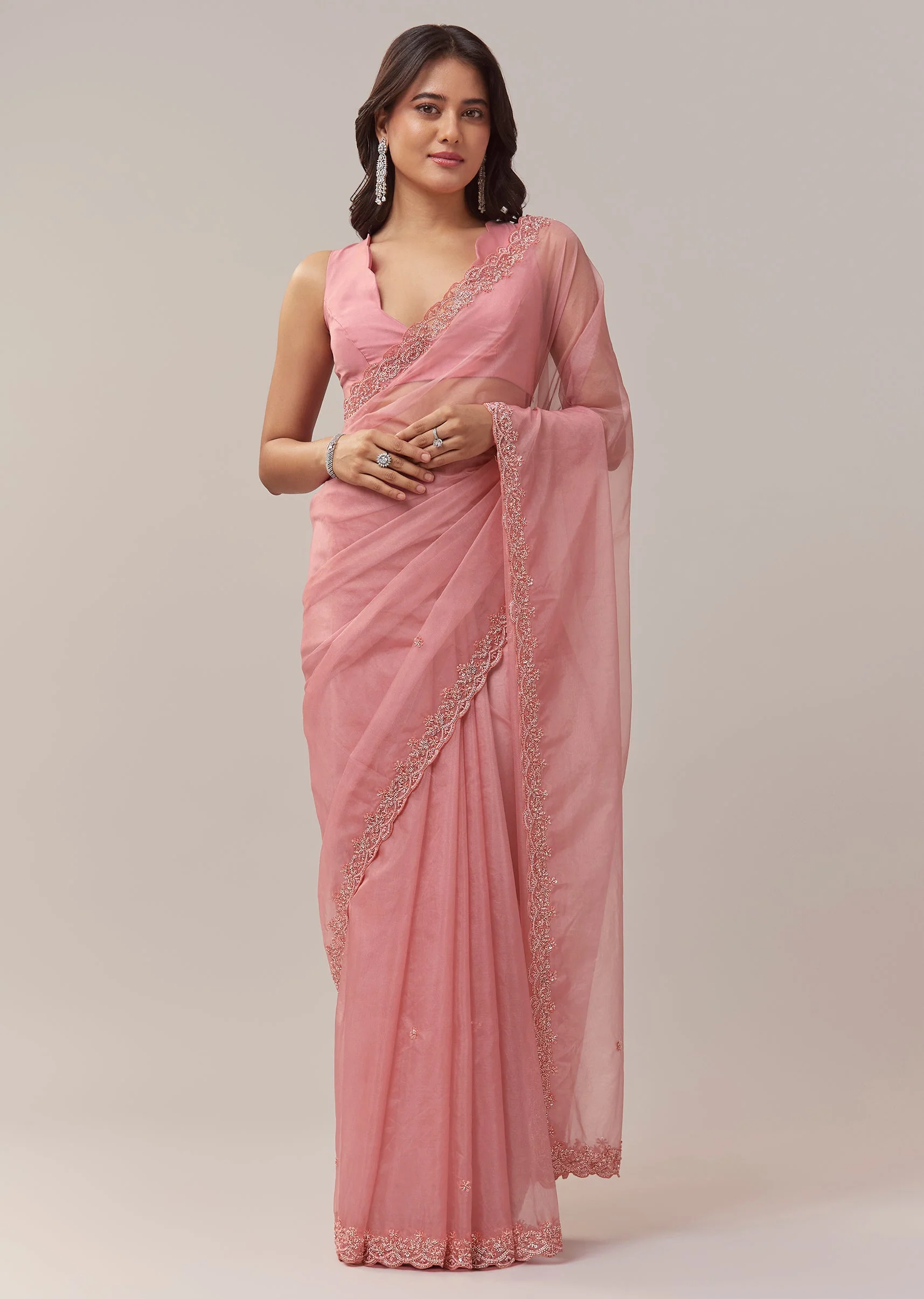 Peach Organza Saree With Scallop Border And Butti Embroidery