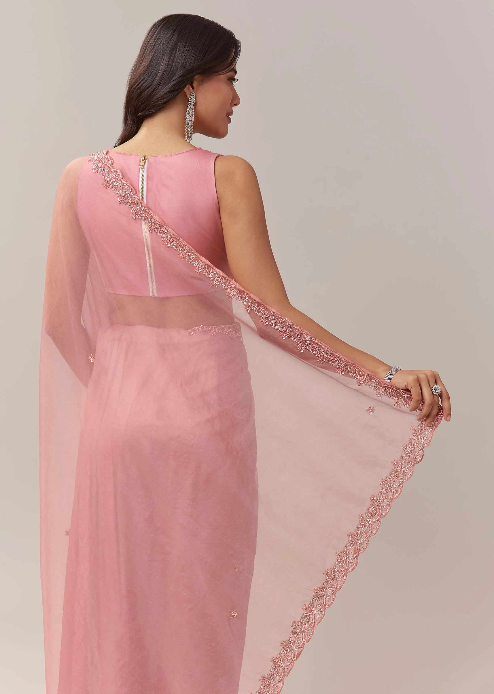 Peach Organza Saree With Scallop Border And Butti Embroidery - Image 6