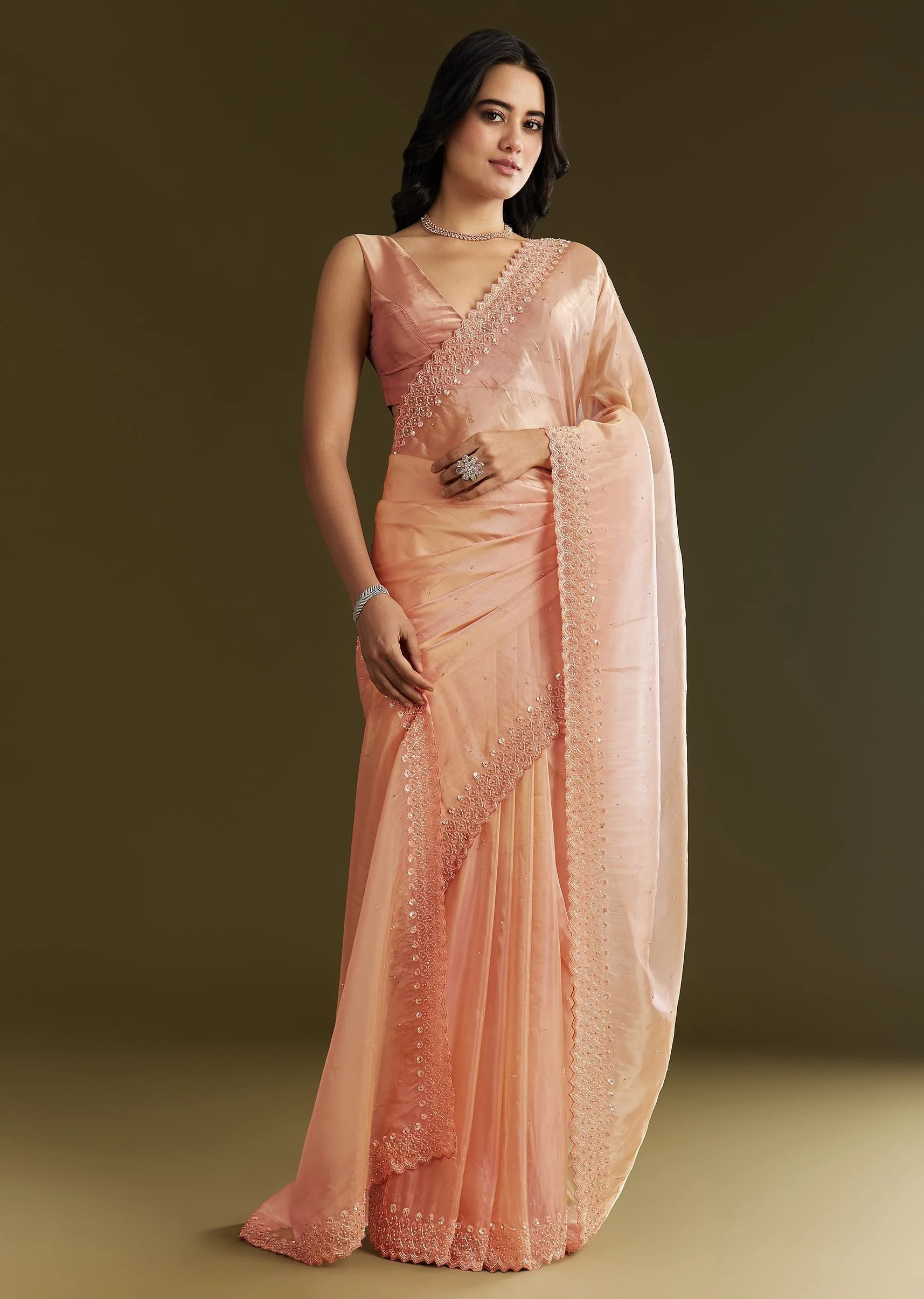 Peach Organza Saree With Stone Embellishment And Scallop Border - Image 3