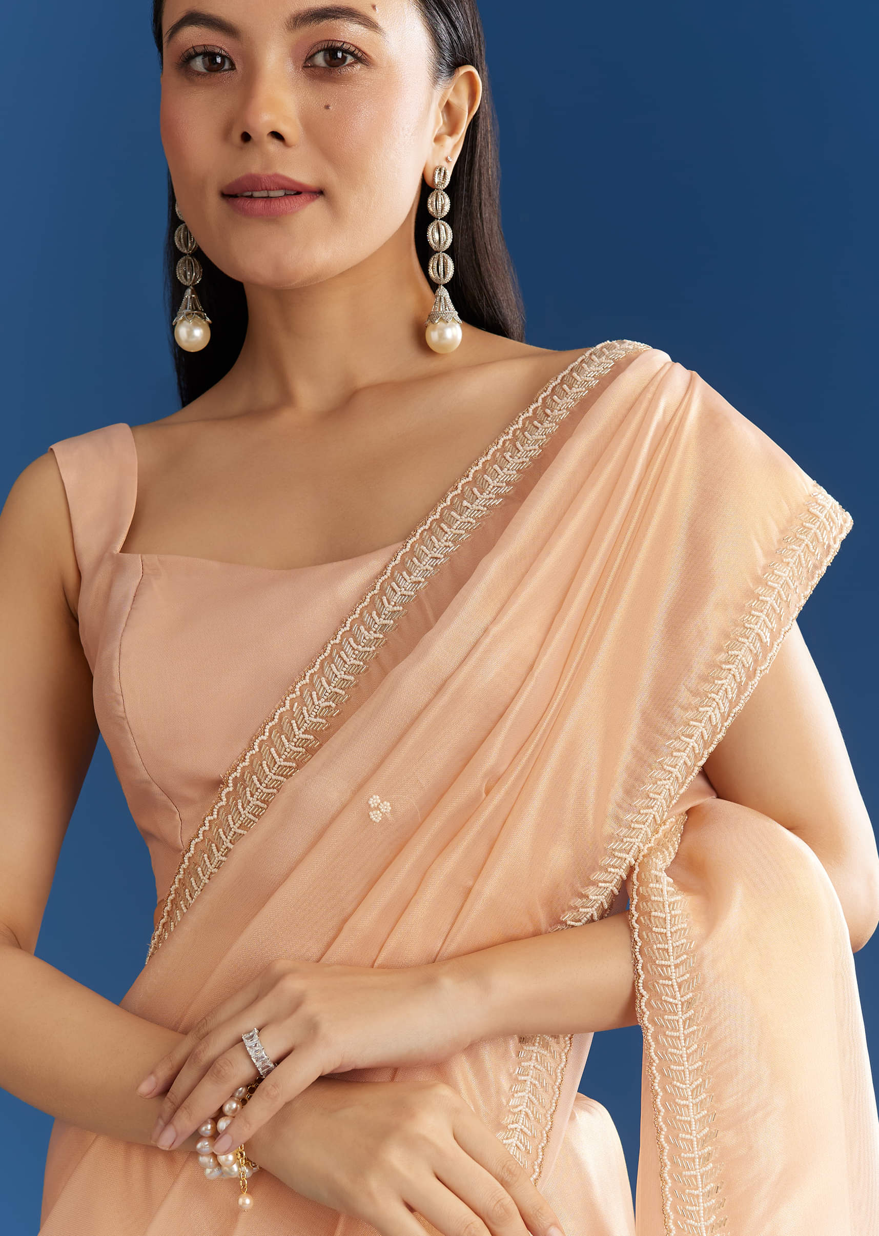 Peach Organza Tissue Saree With Beaded Border - Image 5