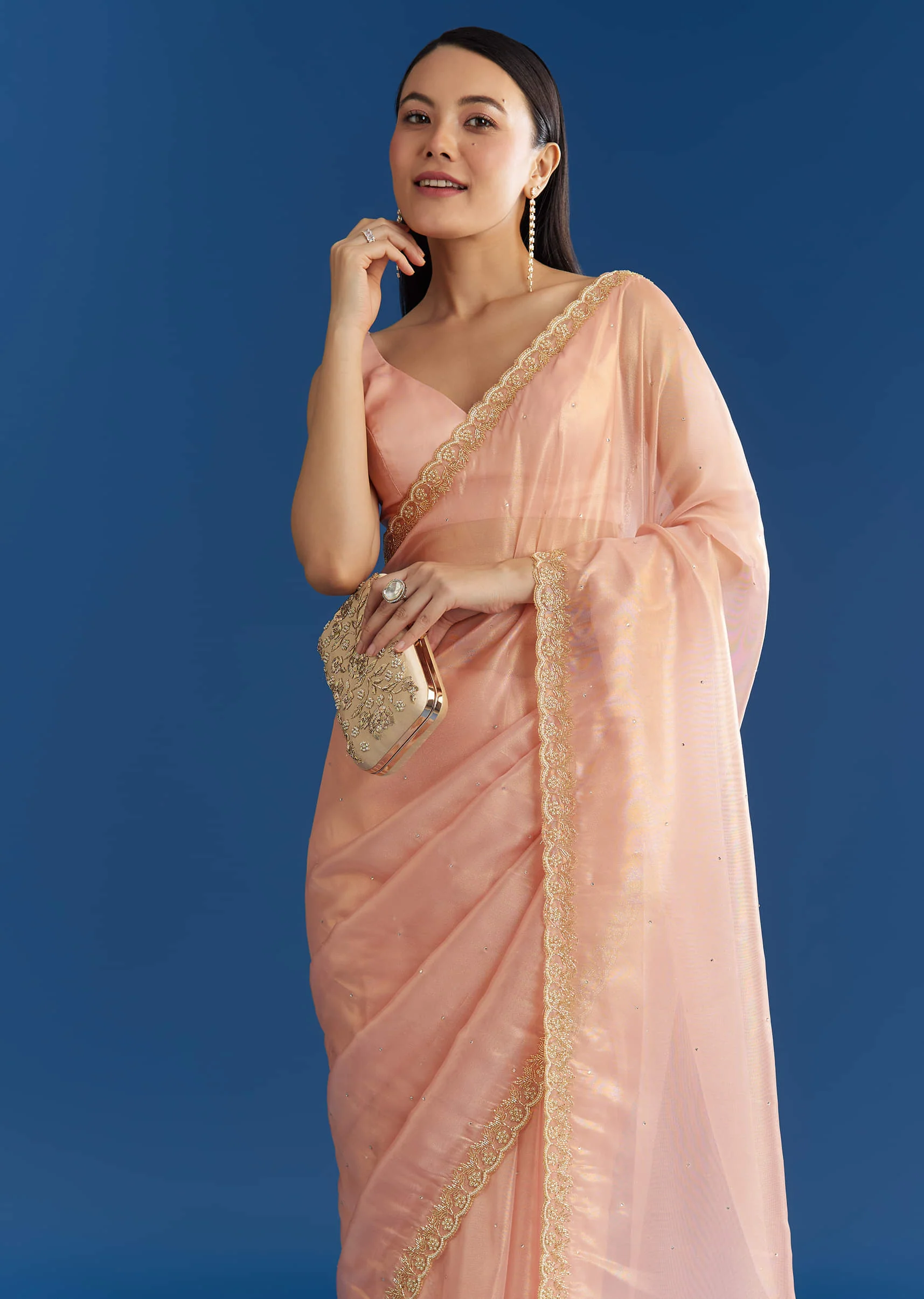 Peach Organza Tissue Saree With Beaded Scallop - Image 2