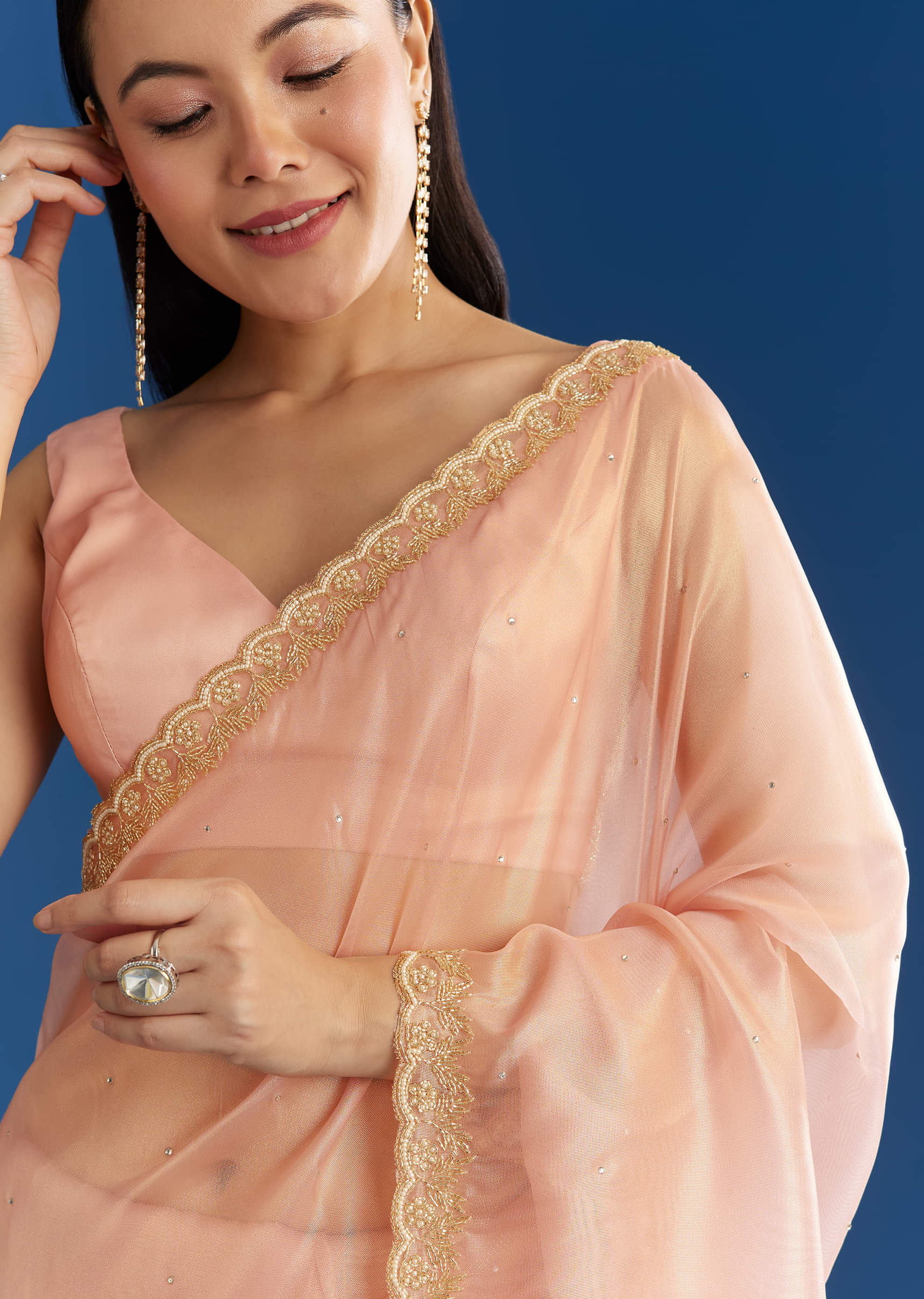 Peach Organza Tissue Saree With Beaded Scallop - Image 5