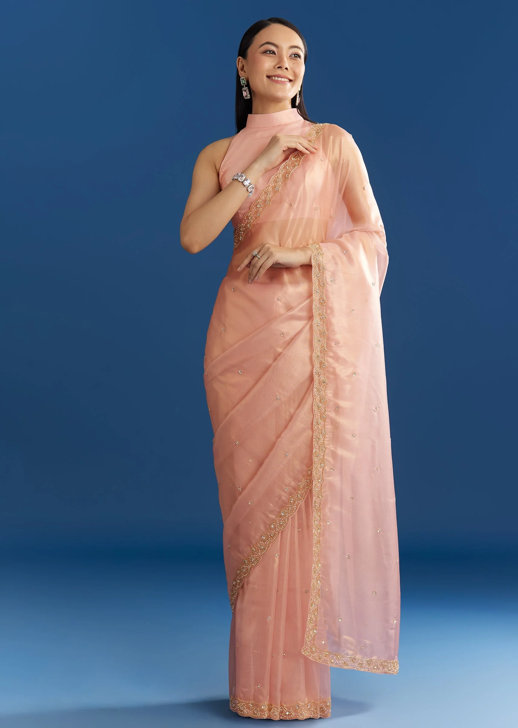 Peach Organza Tissue Saree With Scallop Edge - Image 3