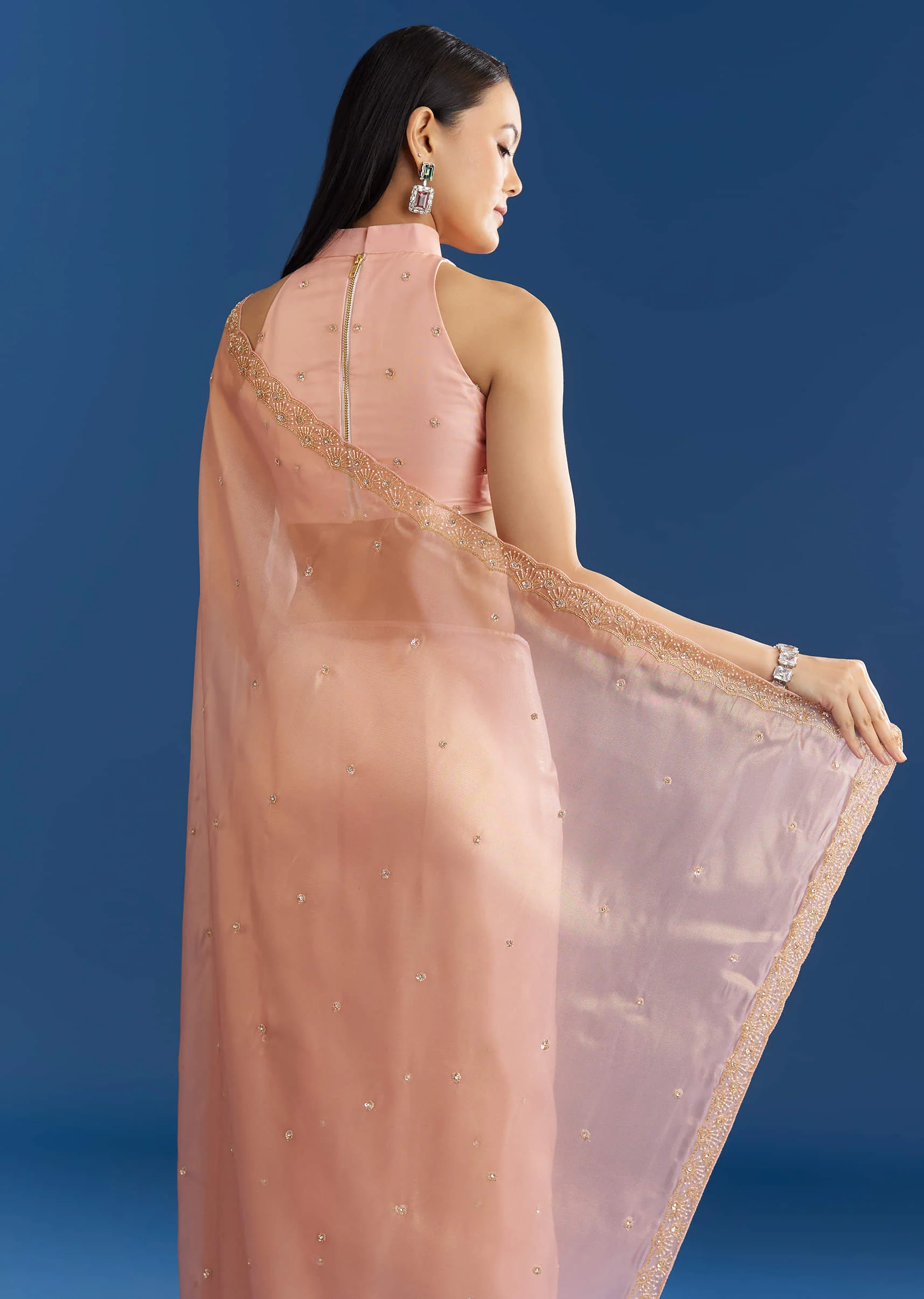 Peach Organza Tissue Saree With Scallop Edge - Image 4