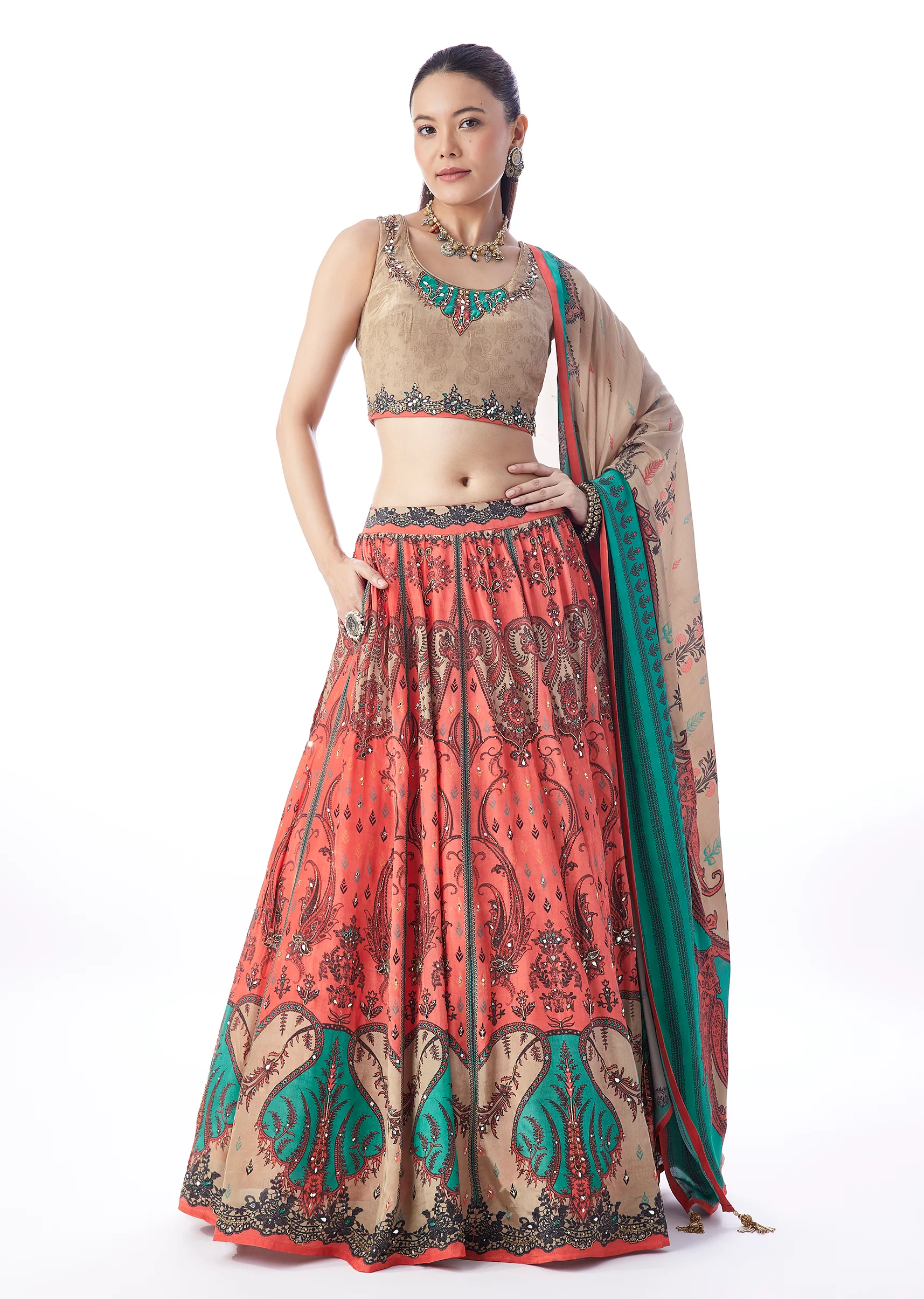 Peach Paisley Printed Bridesmaid Lehenga With Dupatta - Image 4