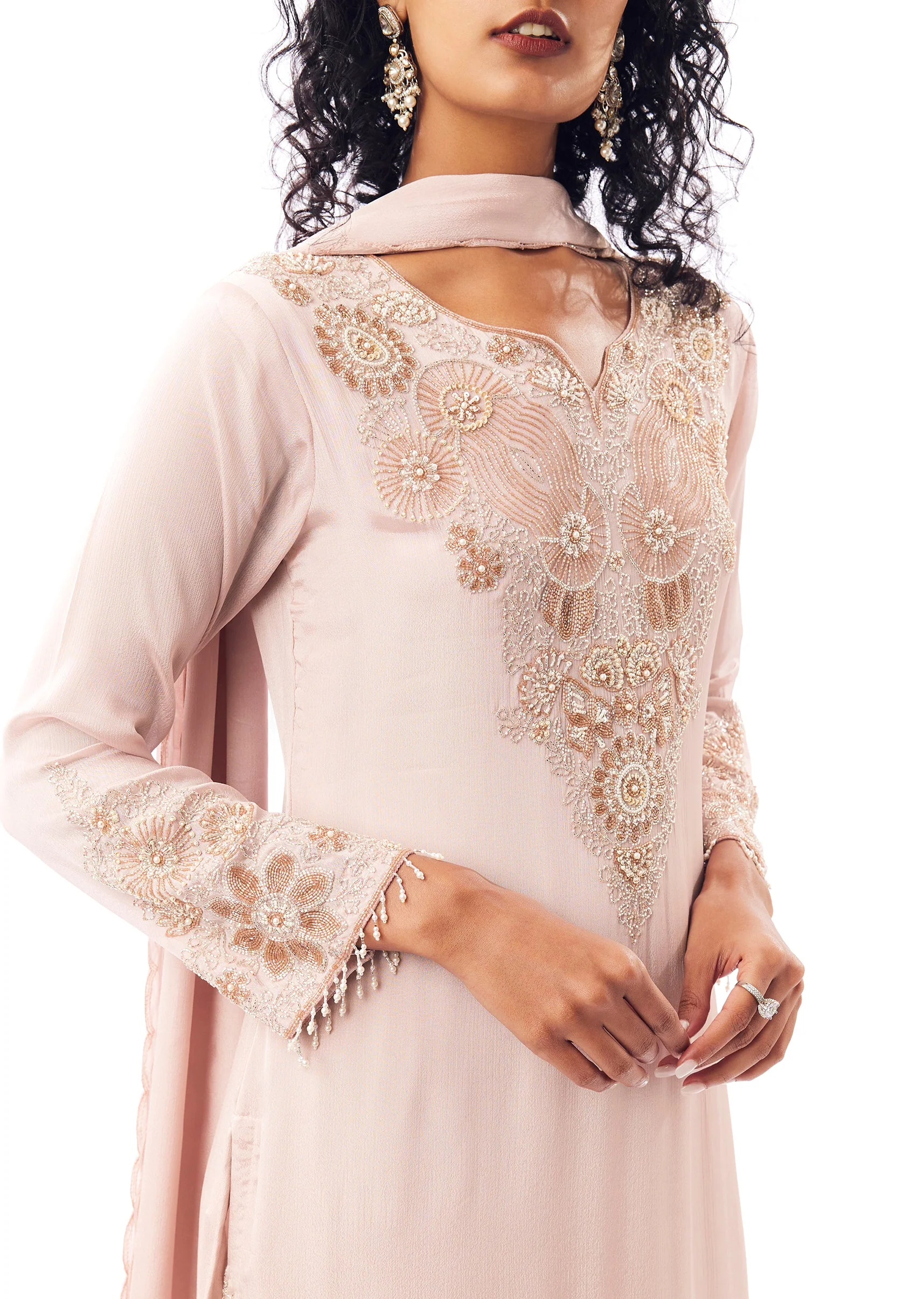 Peach Pakistani Style Sharara Suit With Cutdana Moti Shimmer - Image 2