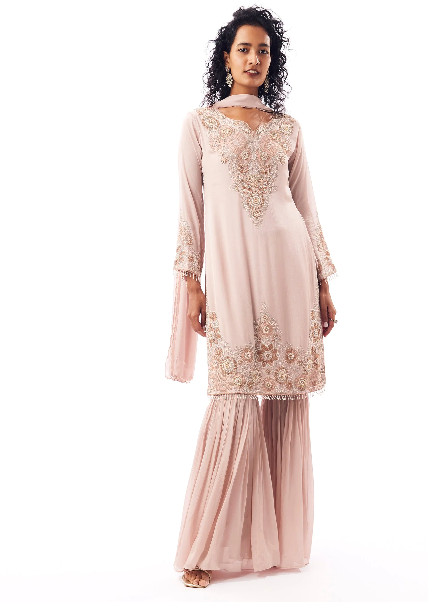 Peach Pakistani Style Sharara Suit With Cutdana Moti Shimmer - Image 3