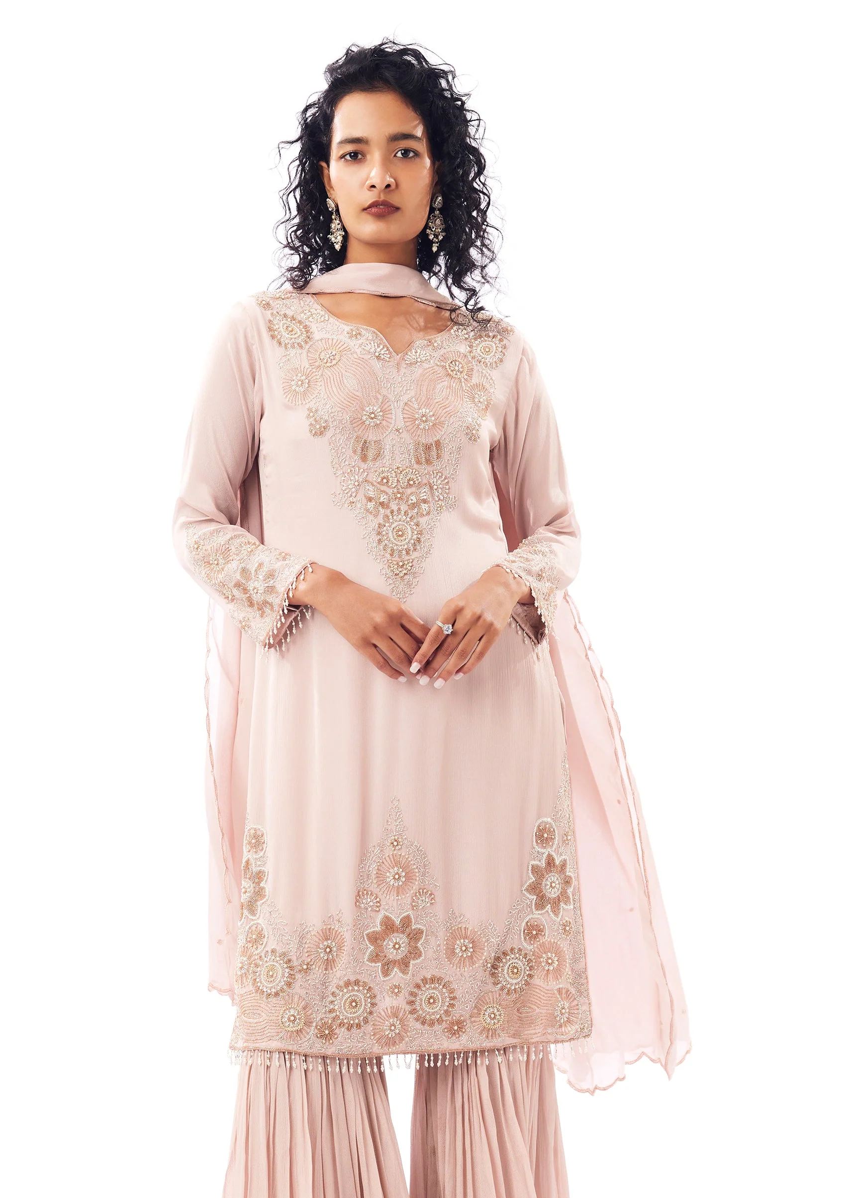 Peach Pakistani Style Sharara Suit With Cutdana Moti Shimmer - Image 4