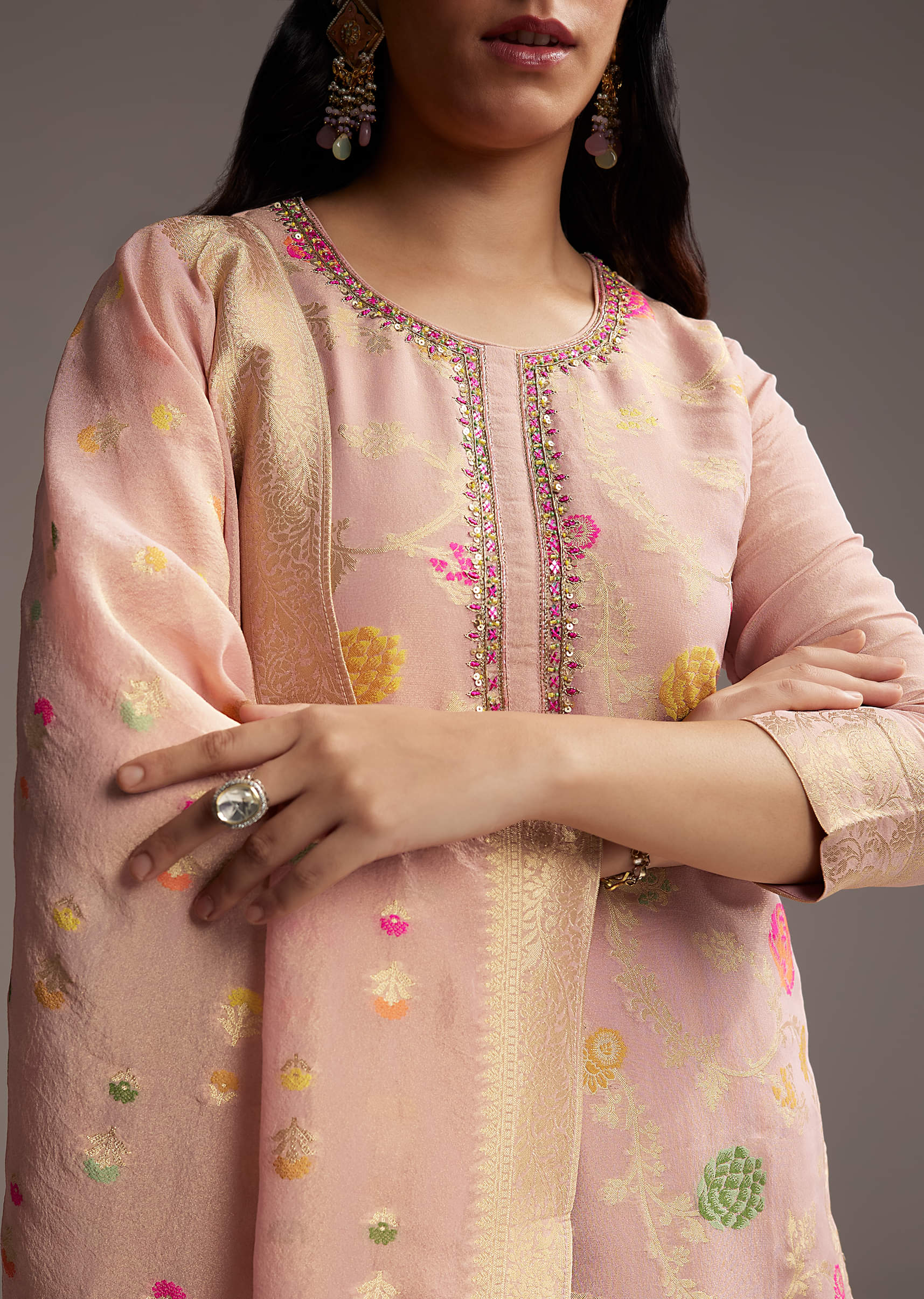 Peach Pink Banarasi Tissue Palazzo Suit - Image 2