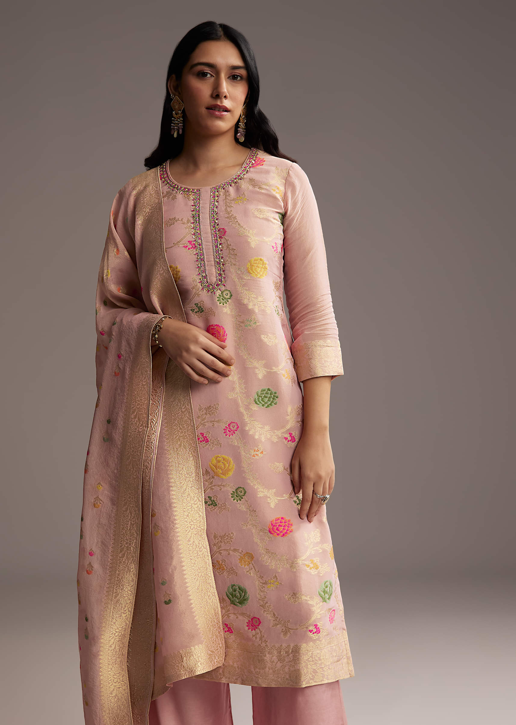 Peach Pink Banarasi Tissue Palazzo Suit - Image 4