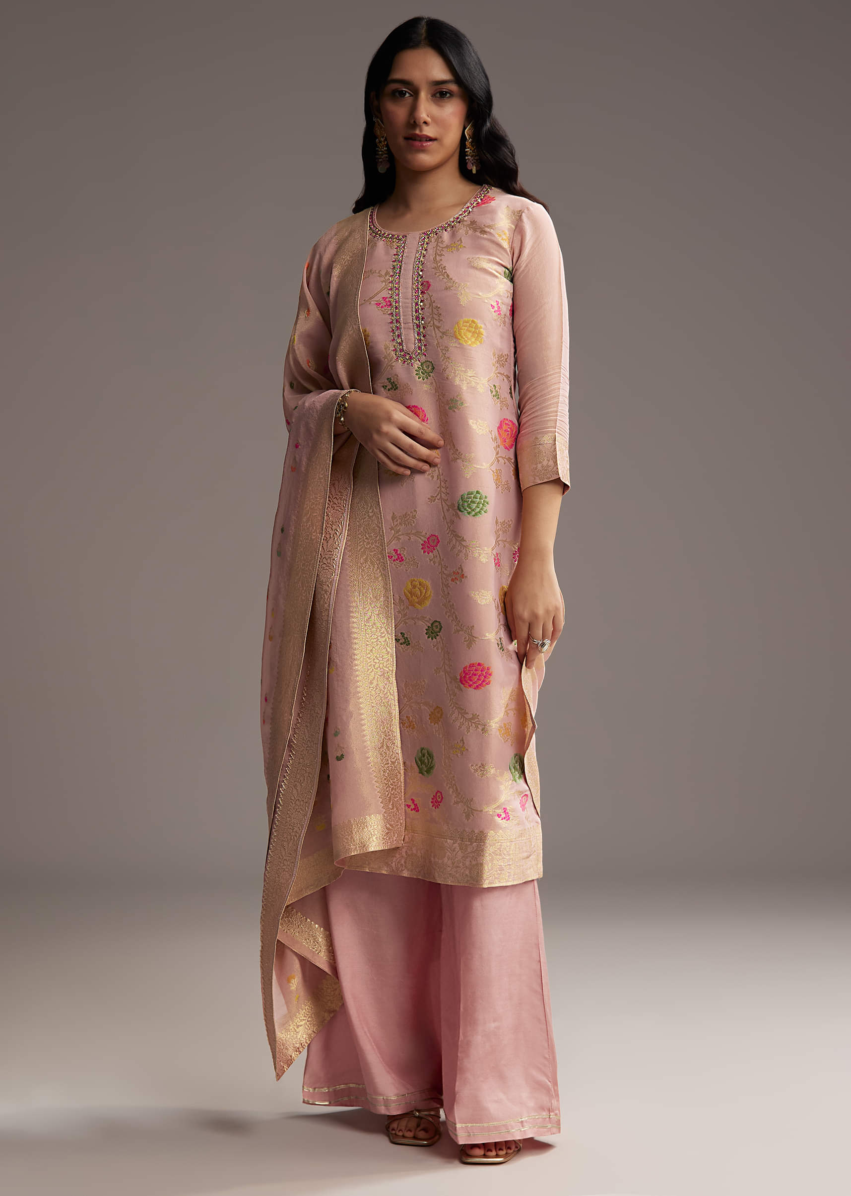 Peach Pink Banarasi Tissue Palazzo Suit - Image 7