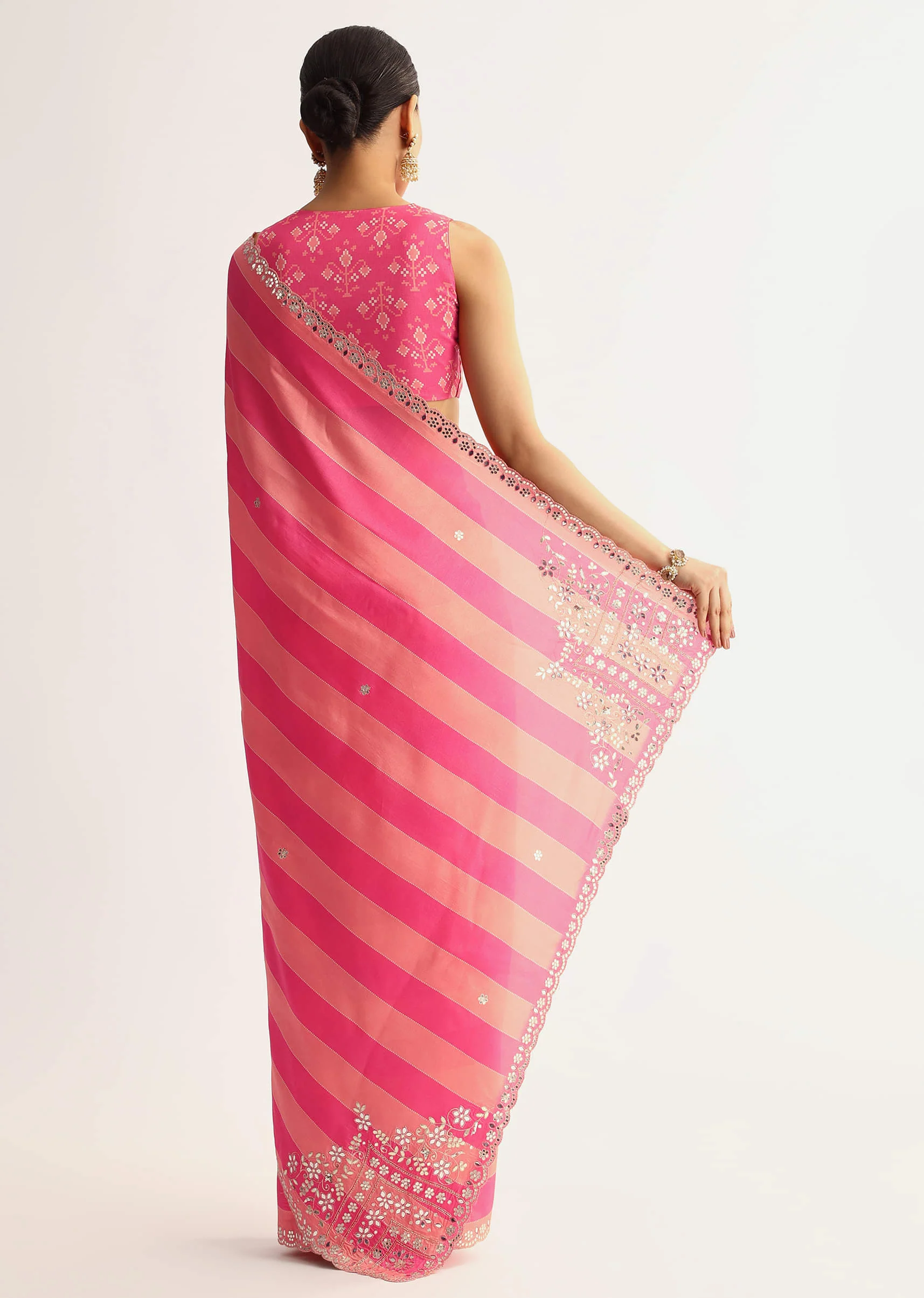 Peach Pink Mirrorwork Cutdana Work Georgette Saree - Image 6