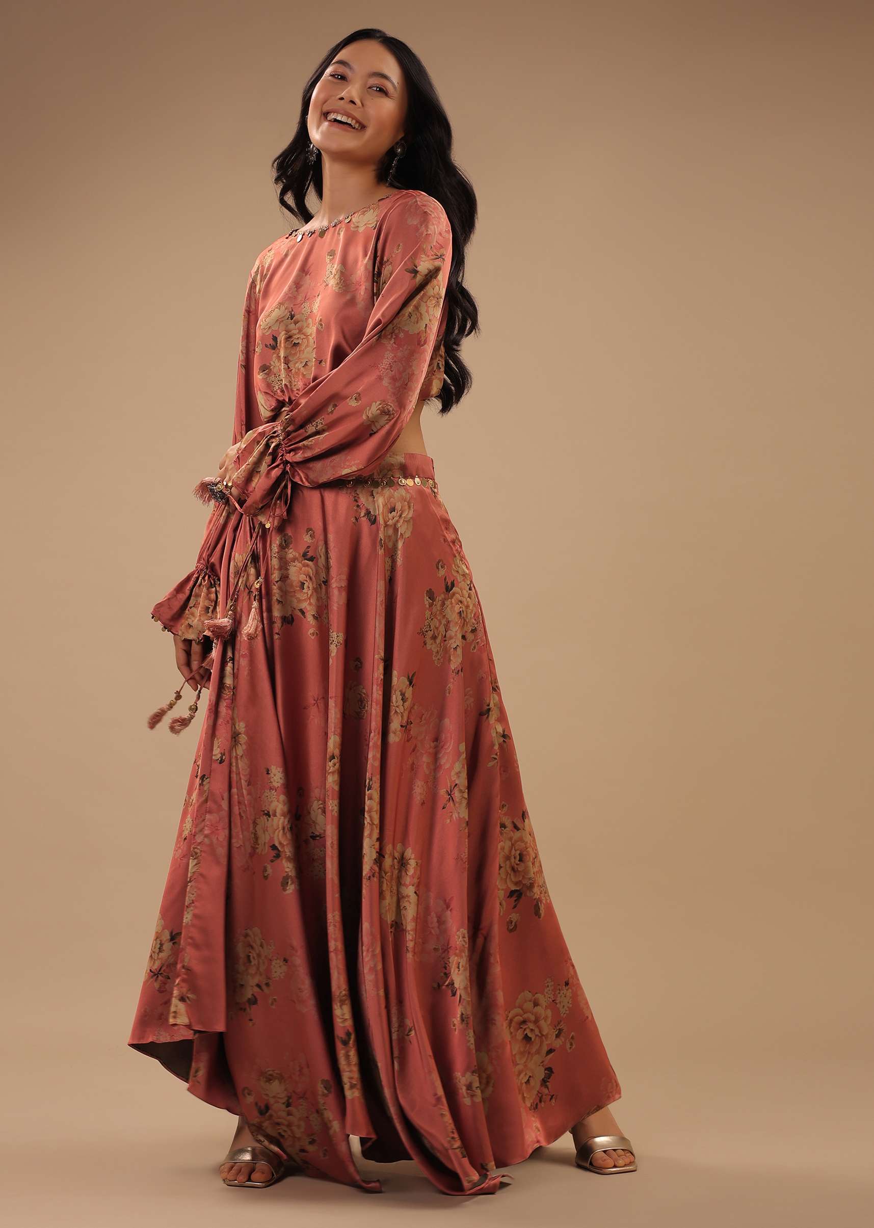Peach Pink Satin Blouse And Skirt With Floral Print, Peasant Sleeves And High Low Hemline - Image 3