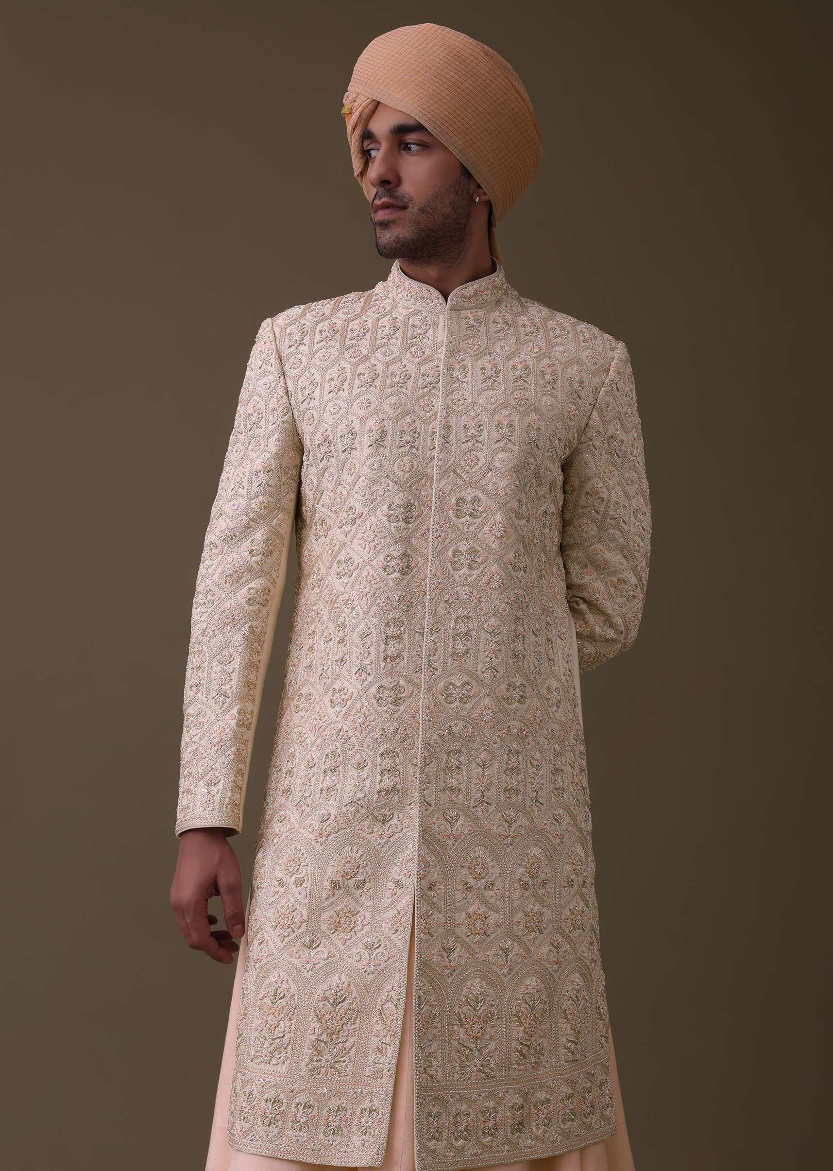 Peach Pink Sherwani Set In Silk With Resham And Cut Dana Work - Image 3
