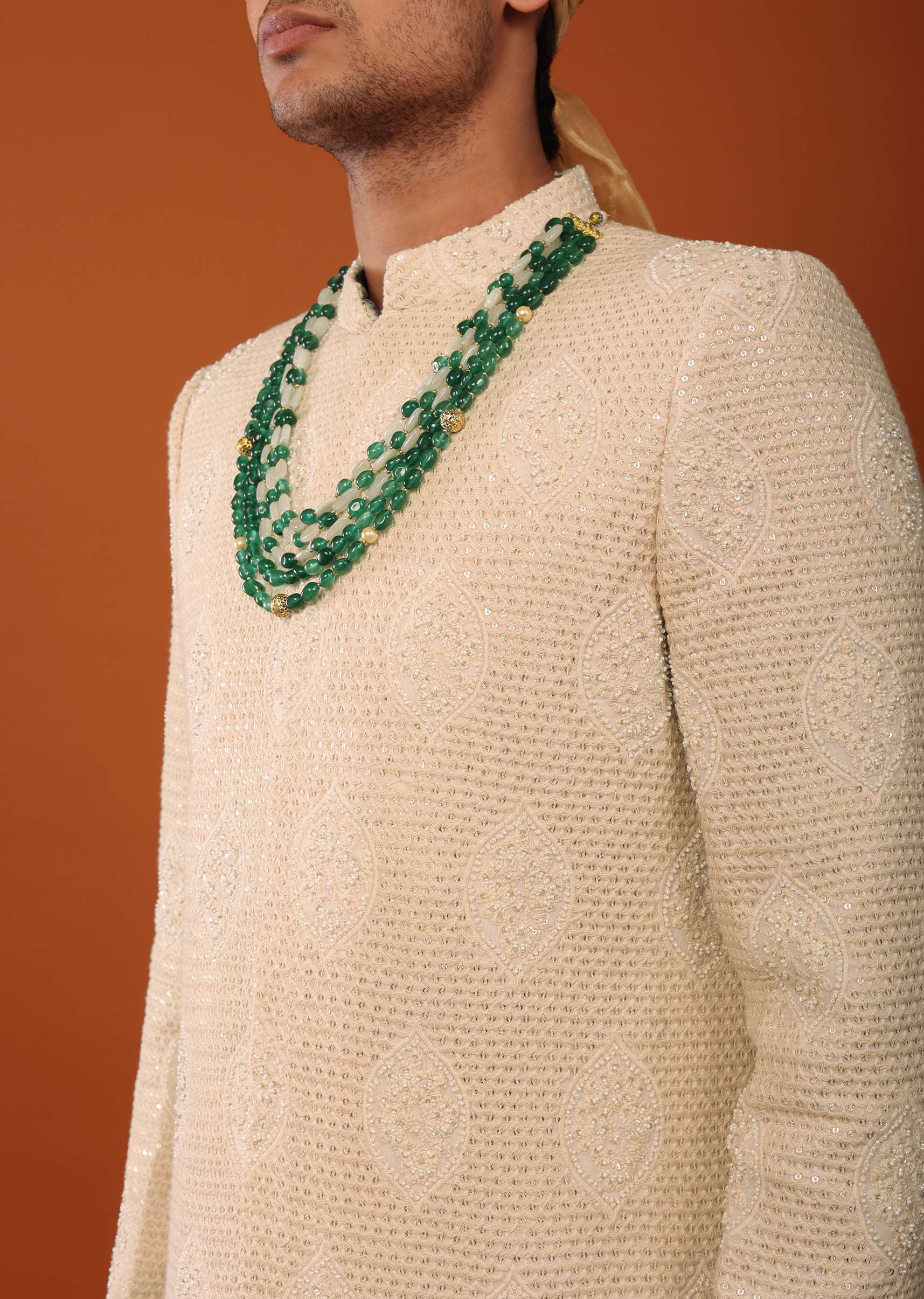 Peach Pink Sherwani Set In Textured Silk With Embroidery - Image 2
