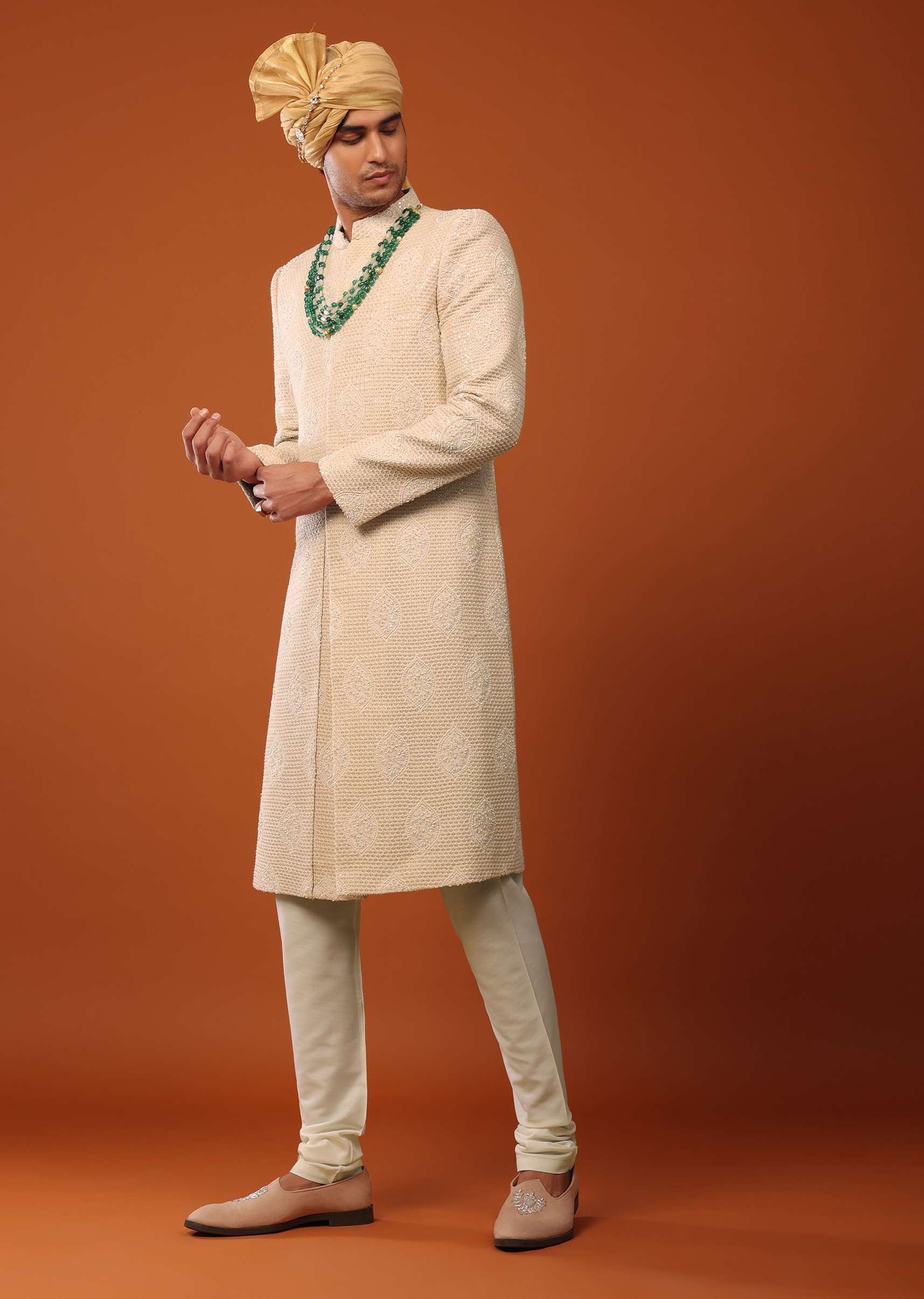 Peach Pink Sherwani Set In Textured Silk With Embroidery - Image 3