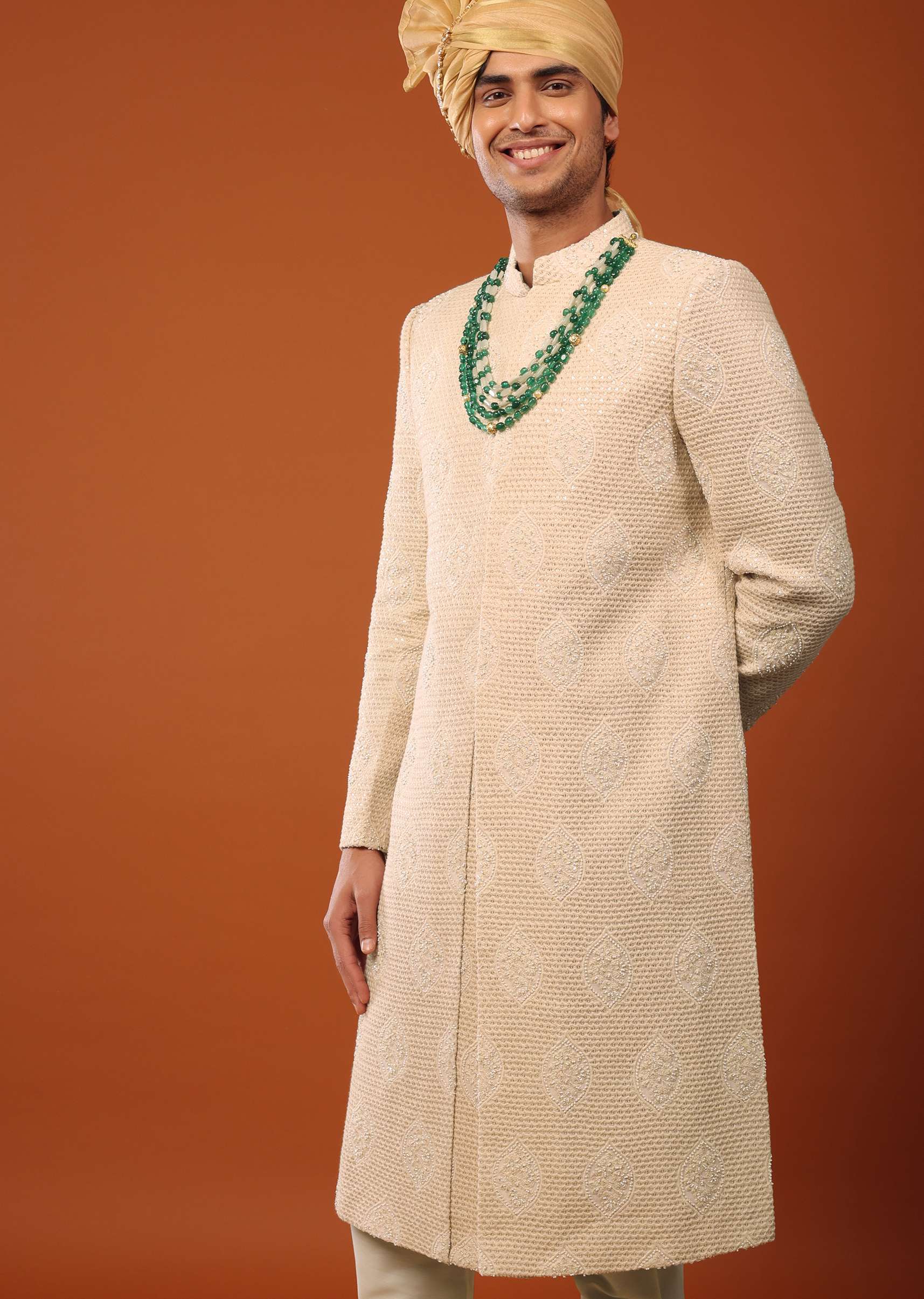 Peach Pink Sherwani Set In Textured Silk With Embroidery - Image 4