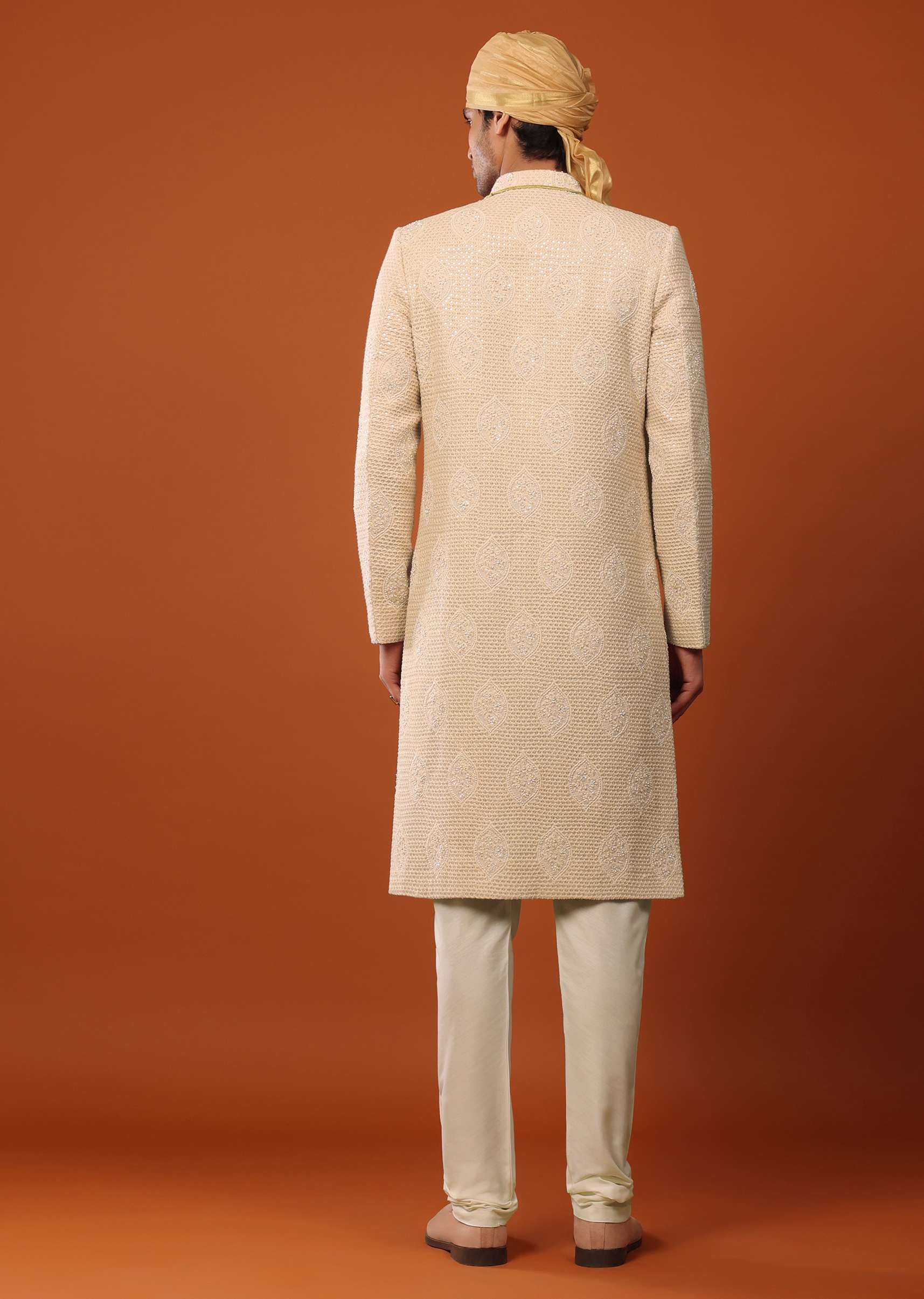 Peach Pink Sherwani Set In Textured Silk With Embroidery - Image 5
