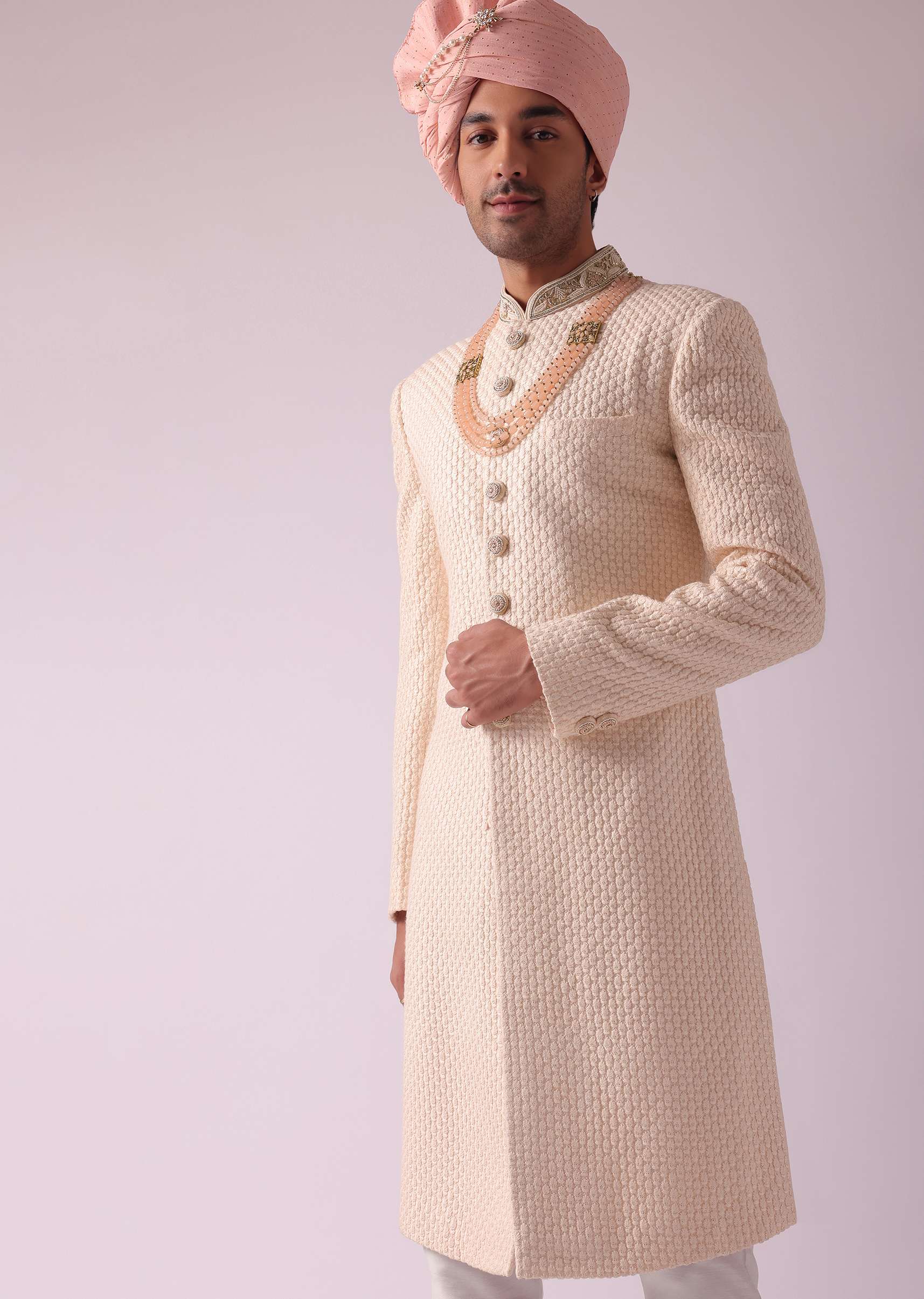 Peach Pink Silk Sherwani With Thread Embroidery - Image 4