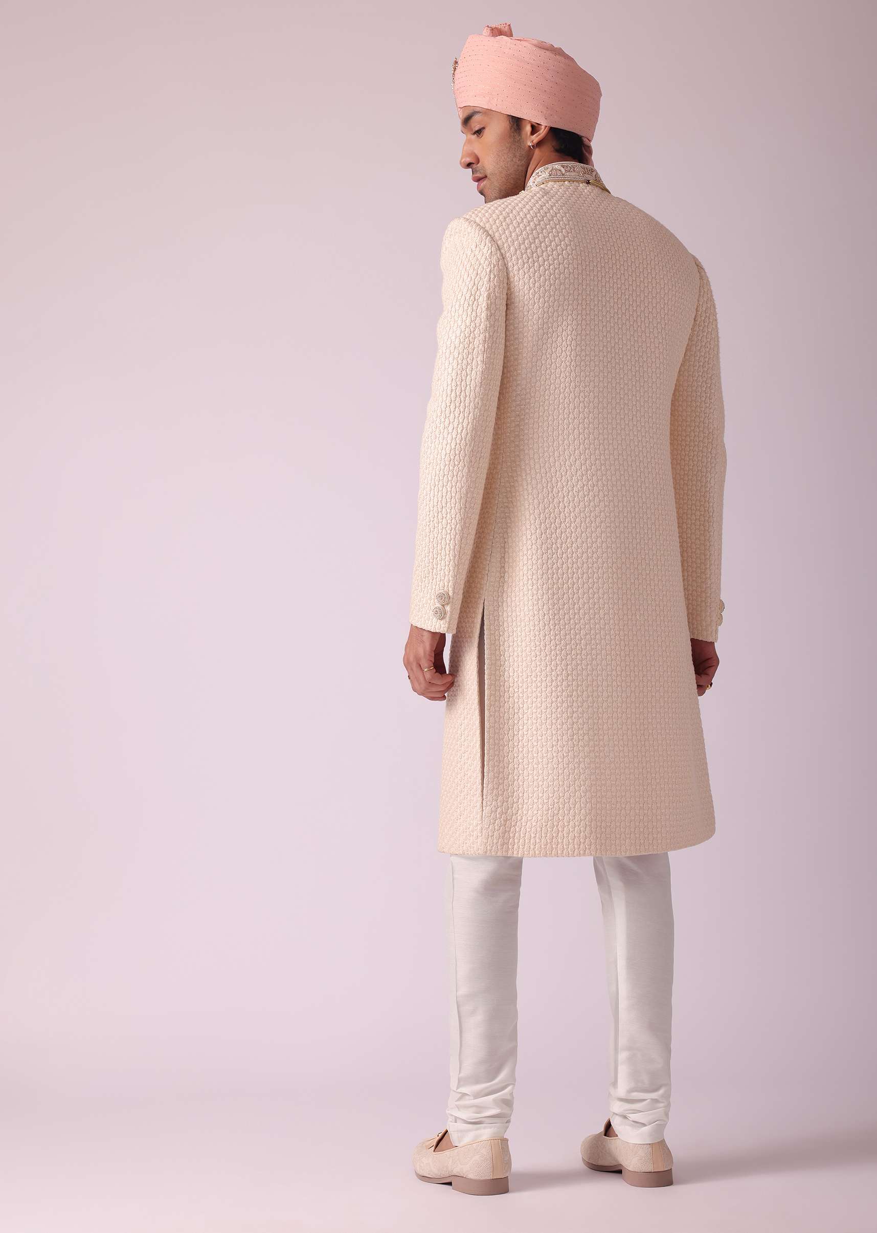 Peach Pink Silk Sherwani With Thread Embroidery - Image 5