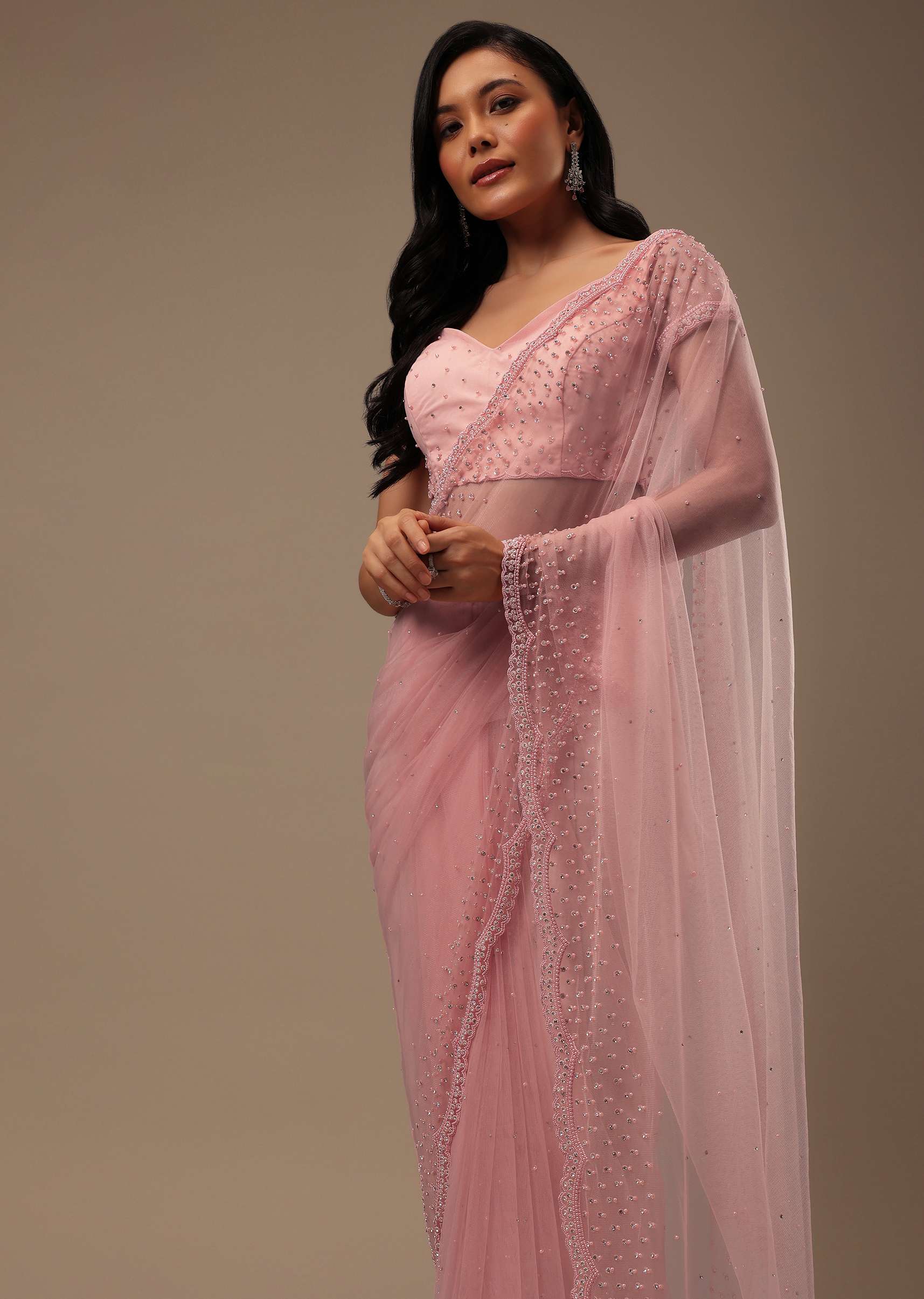 Peach Pink Stone And Beads Embellished Net Saree - Image 2