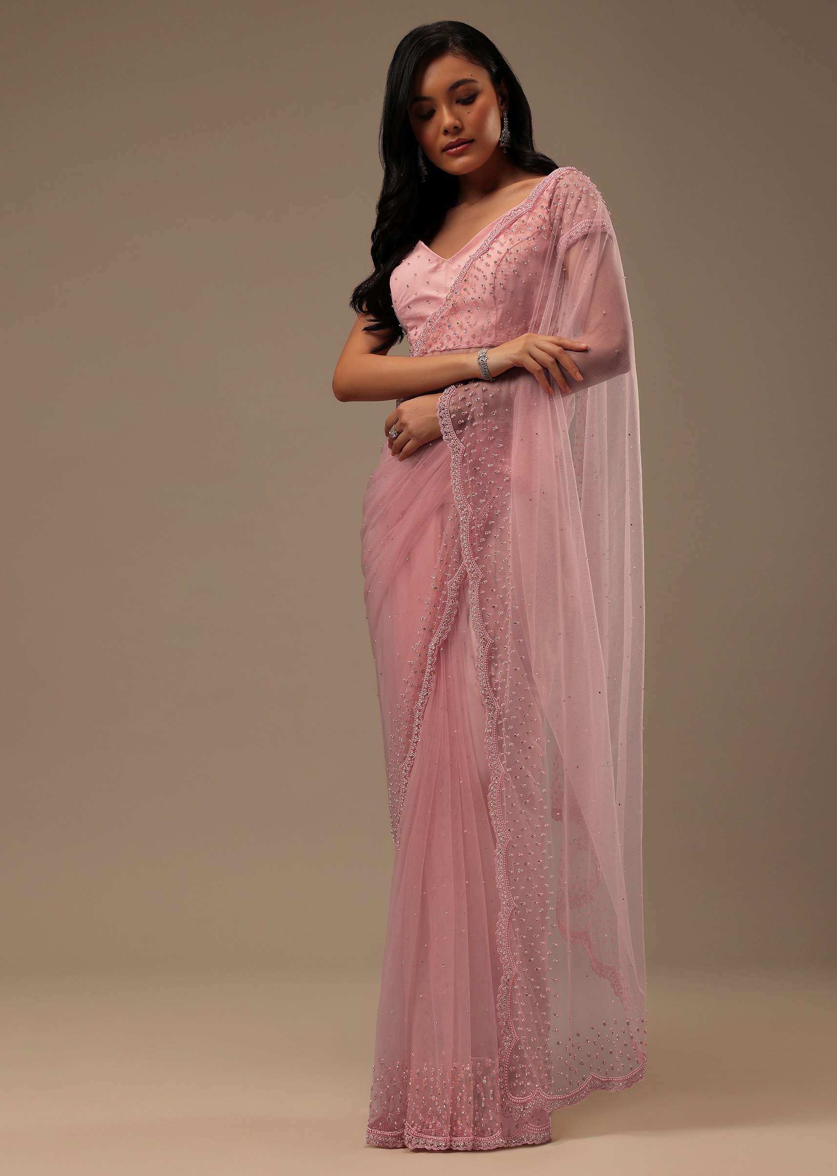 Peach Pink Stone And Beads Embellished Net Saree - Image 3