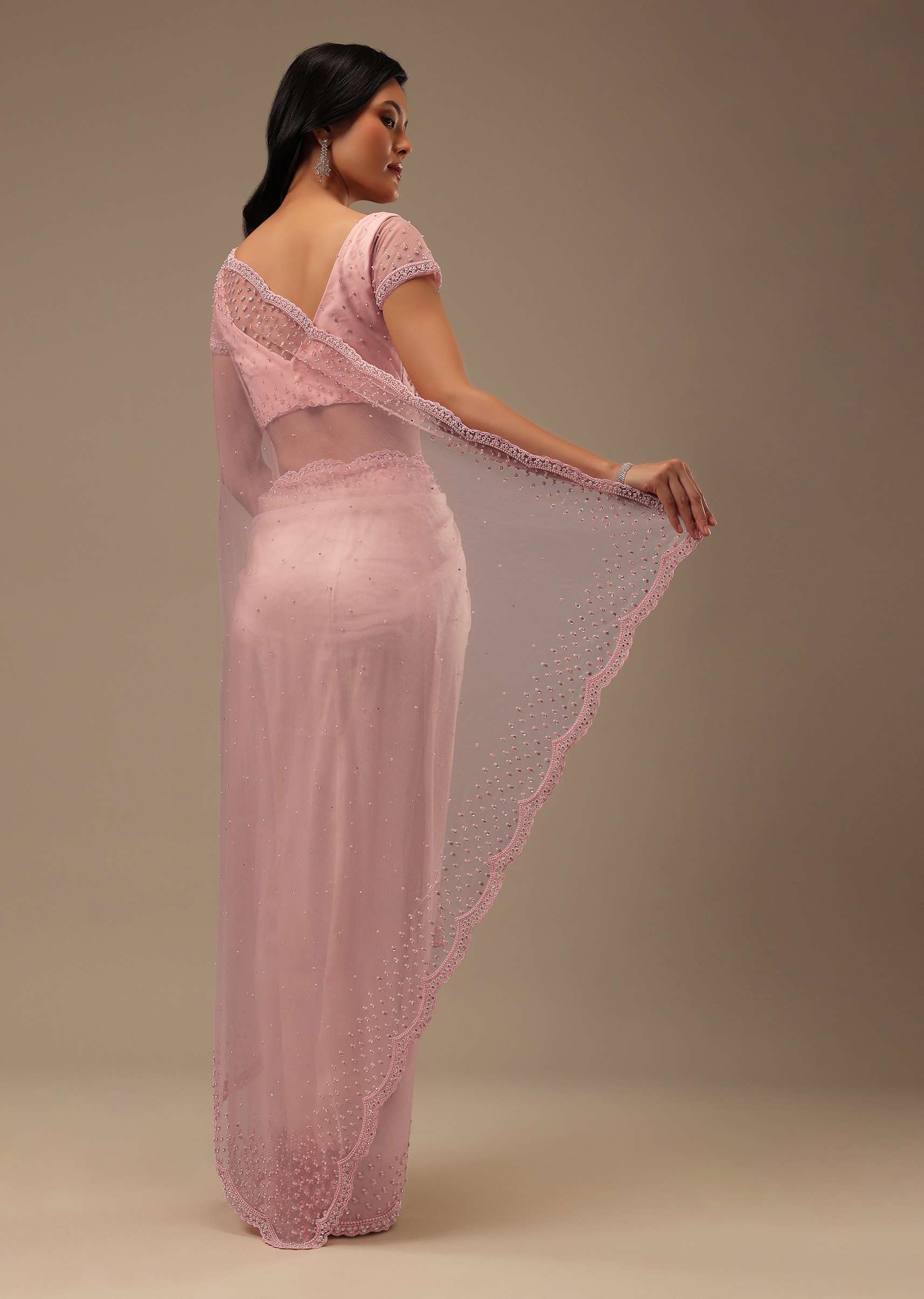 Peach Pink Stone And Beads Embellished Net Saree - Image 4