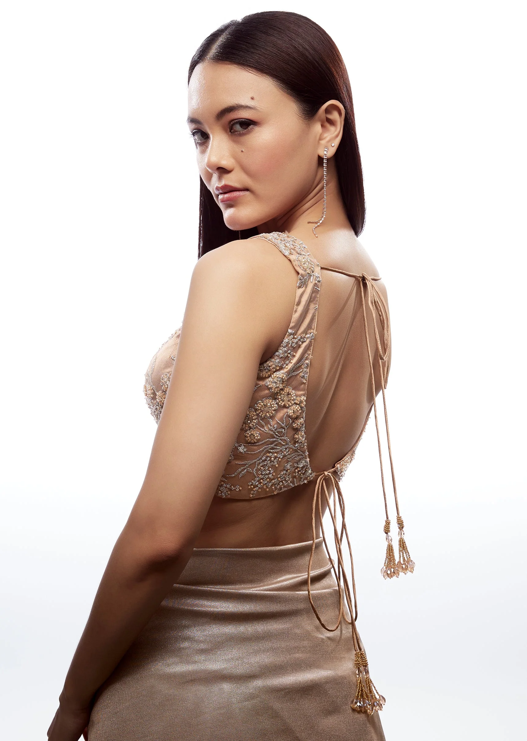 Peach Plunging Neckline Blouse With Back Tie Ups - Image 3