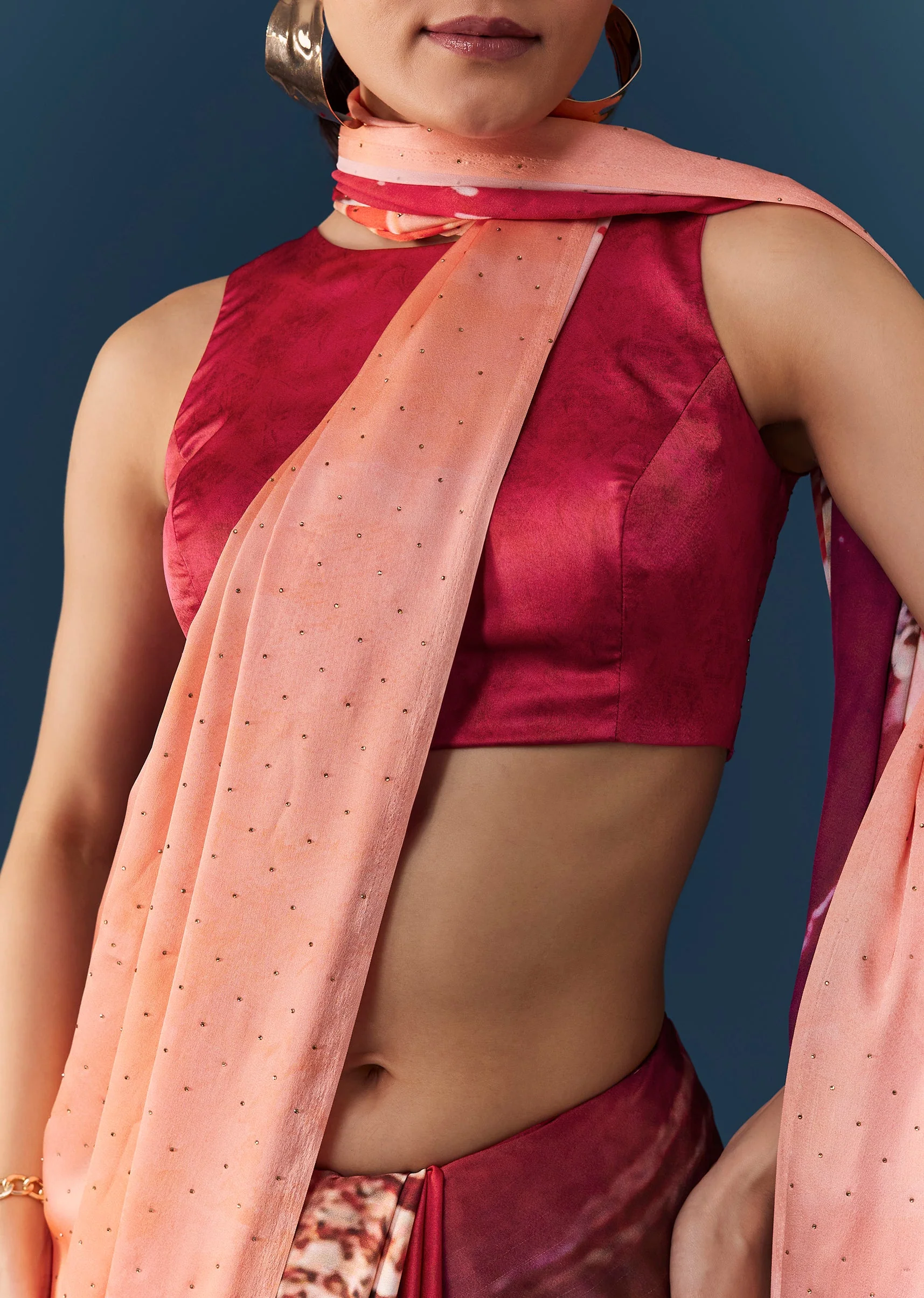 Peach Printed Saree with Blouse Fabric - Image 2